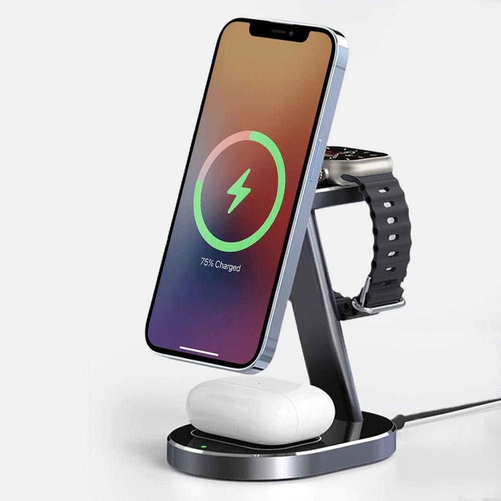NexusEdge 3-in-1 Fast Wireless Charging Station for iPhone, AirPods & Apple Watch | Qi-Certified Multi-Device Charger | Perfect for Bedside, Office & Travel