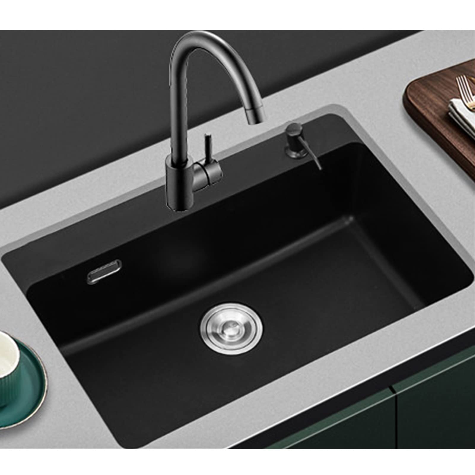 Premium Black Quartz Stone Kitchen Sink with Faucet - Square Single Bowl Drop-in/Undermount Design (55x43cm) - Easy Clean, Fast Drainage - Perfect for Modern Kitchens, Restaurants & Small Spaces