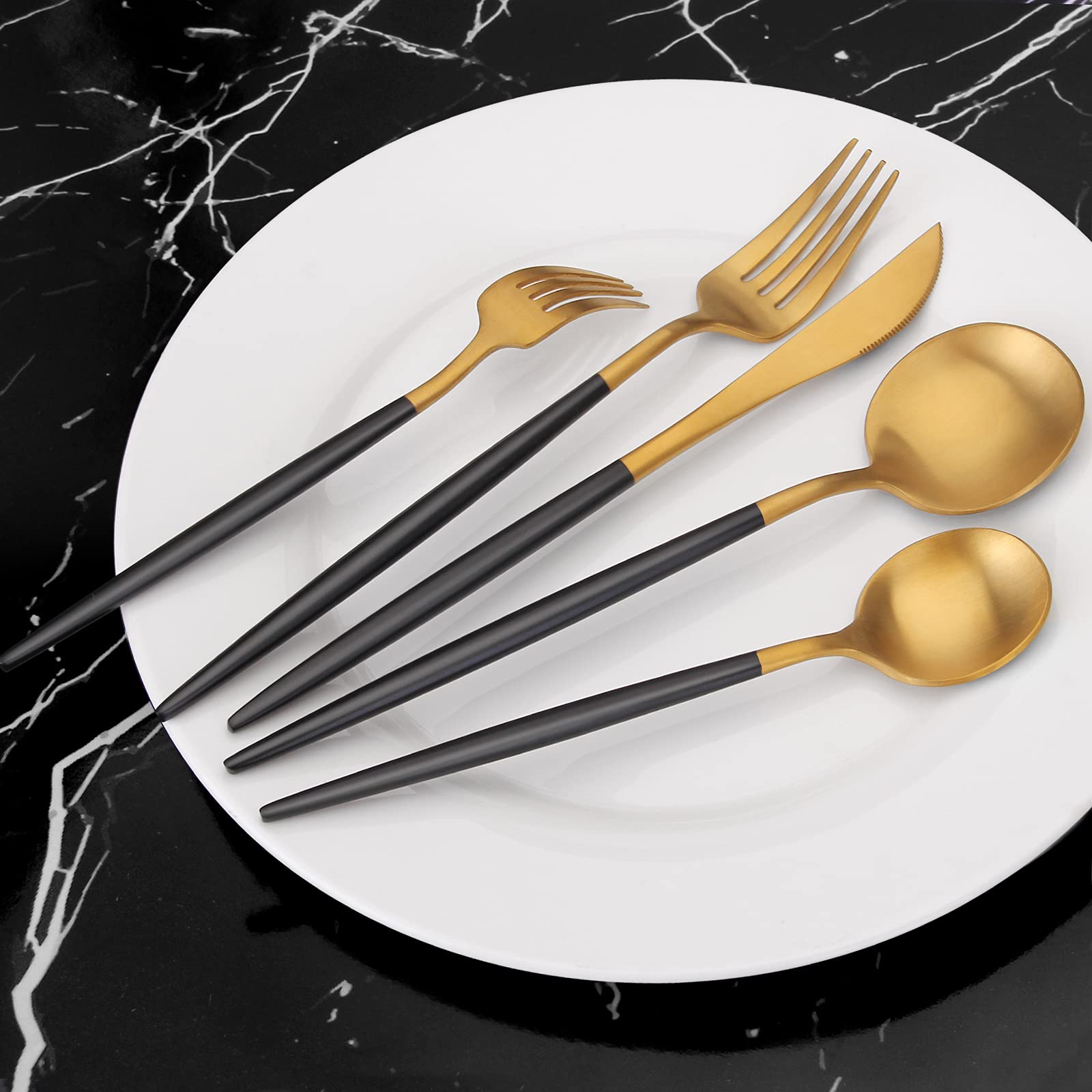 Matte Gold Silverware Set with Black Handle - Vanys 20-Piece Stainless Steel Flatware Cutlery Set for 4, Includes Knives, Spoons & Forks - Satin Finish Polished - Perfect for Dinner Parties, Weddings & Everyday Dining