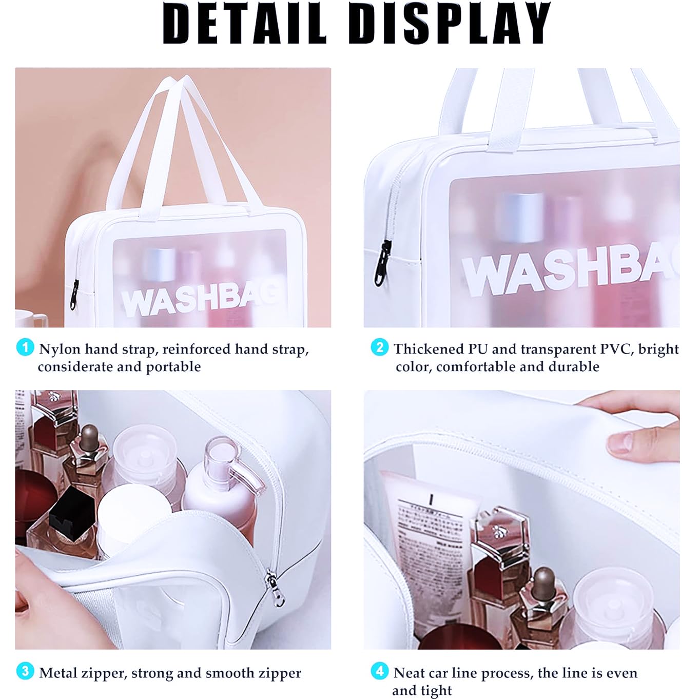 3 Pack Clear Waterproof Travel Toiletry Bags for Women - Transparent Cosmetic & Makeup Organizer - Shower Essentials Storage for Gym, Vacation, Business Trips (White)