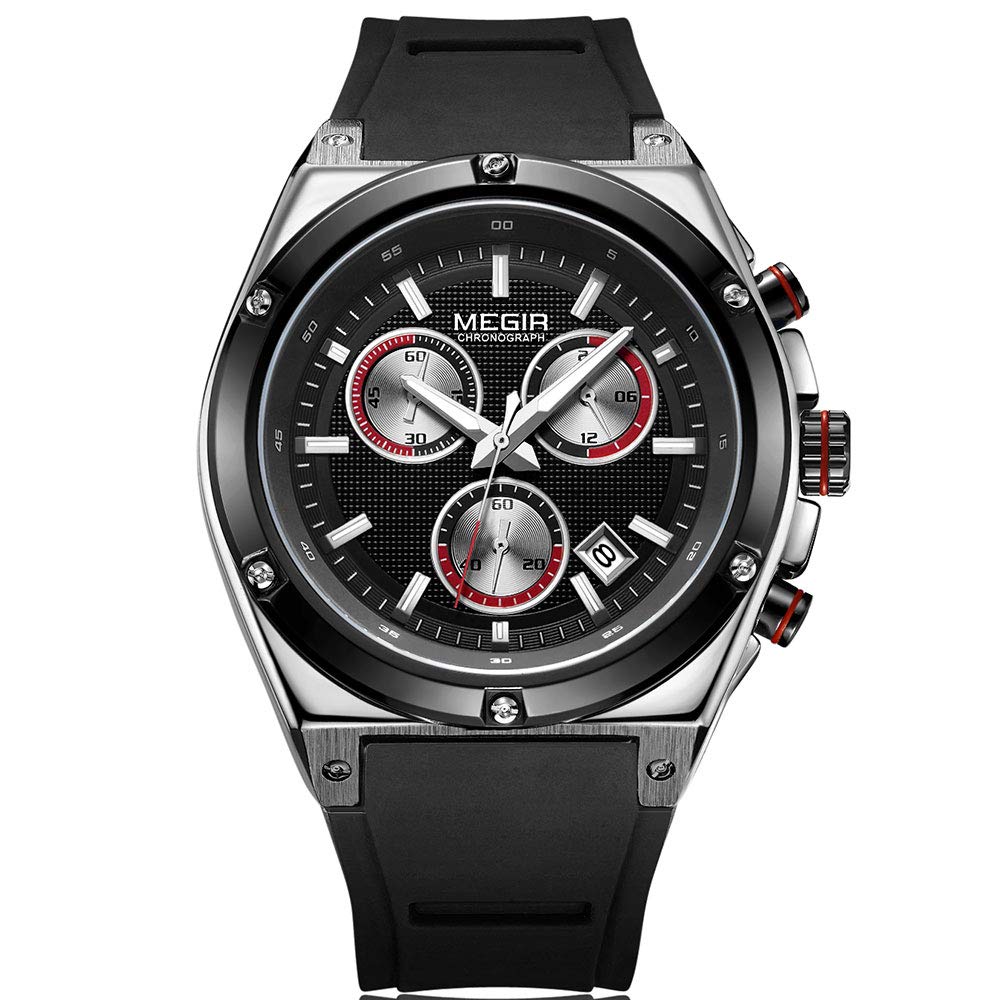 MEGIR Men's Silicone Sports Quartz Watch - Waterproof Chronograph Stopwatch for Running, Swimming & Outdoor Activities