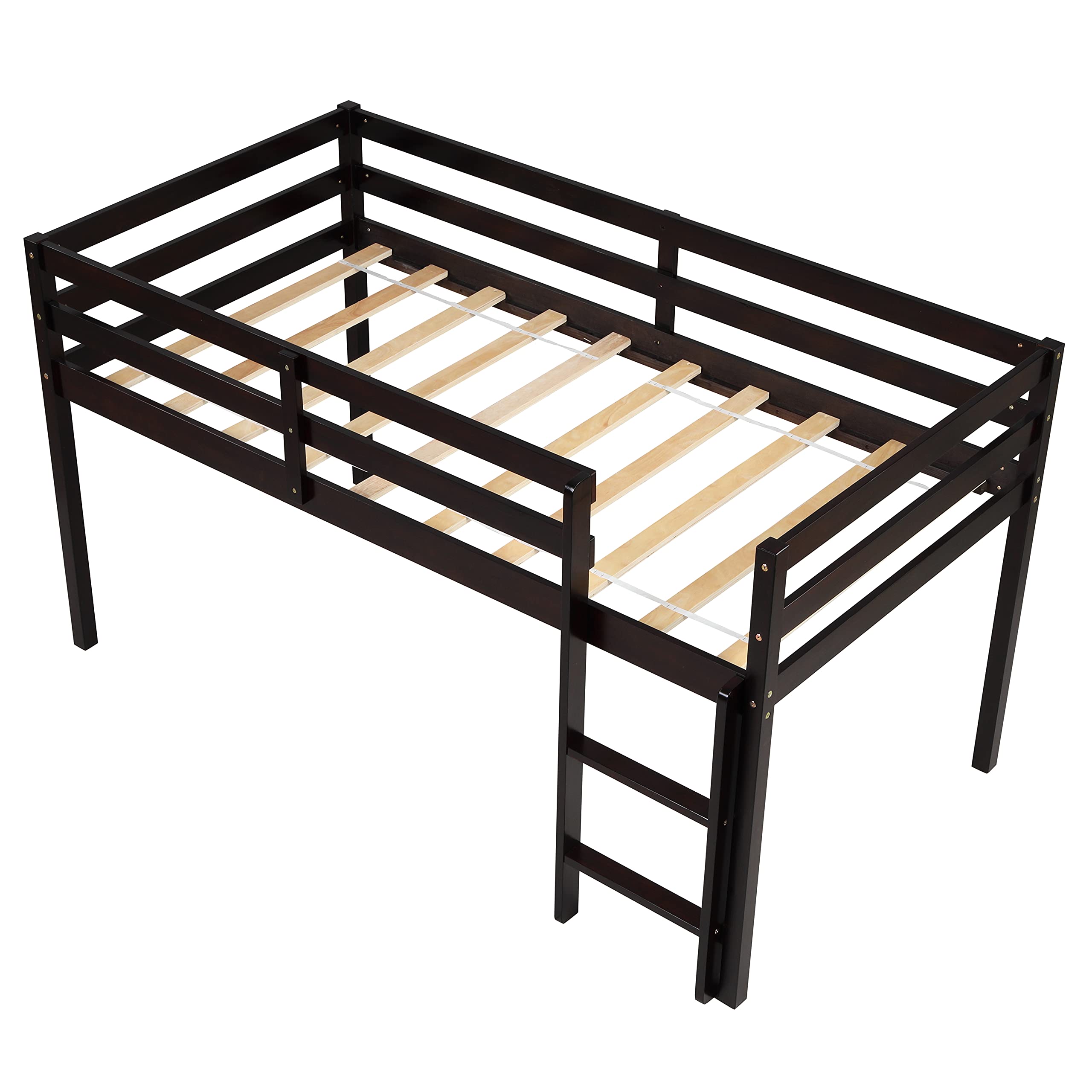 Twin Size Wood Loft Bed with Ladder - Low Bunk Bed for Teens, Kids, Boys & Girls - Sturdy Espresso Bedroom Furniture - Perfect for Small Spaces, Dorm Rooms & Shared Kids' Bedrooms