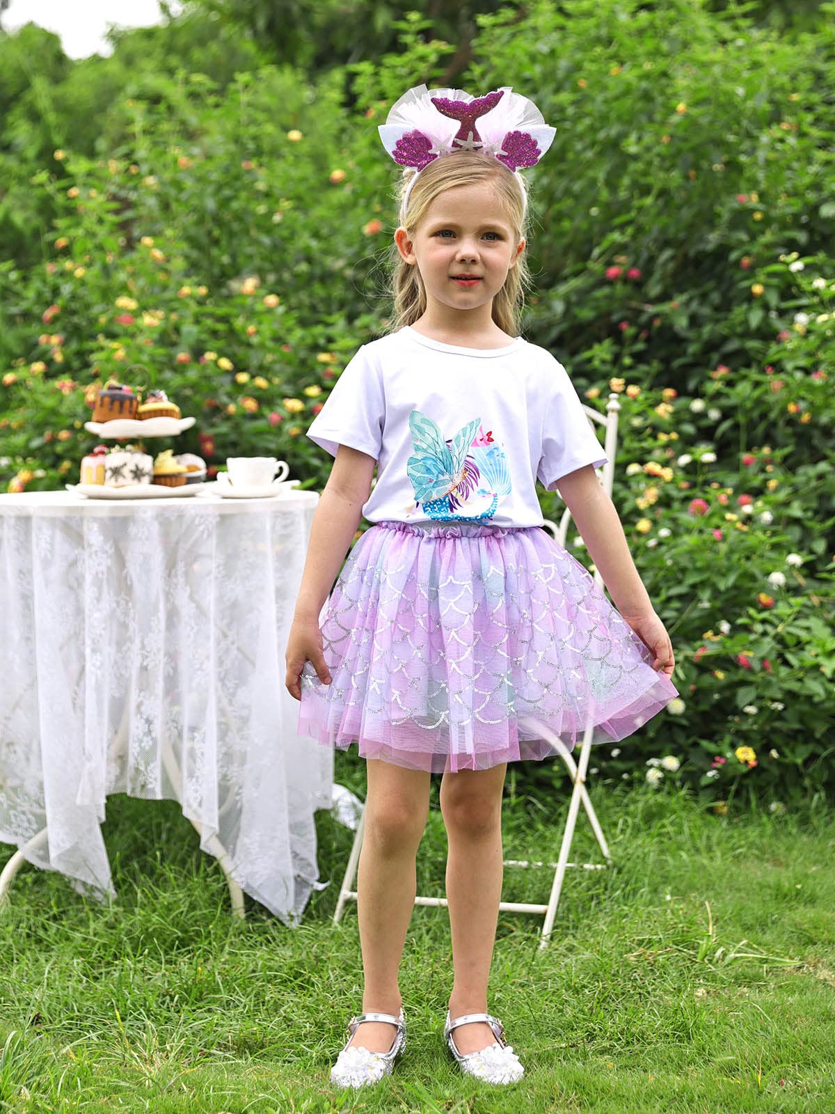 AmzBarley Girls Princess Mermaid Tutu Dress with Sequins - Sparkly Skirt for Birthday Party & Fancy Dress Up - Includes Mermaid Headband - Perfect for Halloween, Costume Parties & Photo Shoots