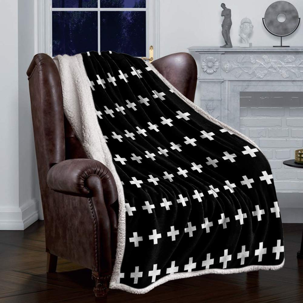 FamilyDecor Cozy Lightweight Sofa Couch Throw Blanket - All-Season Black & White Cross Geometric Design - Luxury Sherpa Fleece Bed Blanket for Living Room, Bedroom, Office & Camping (49x79 Inches) - Perfect for Snuggling, Home Decor & Outdoor Adventures