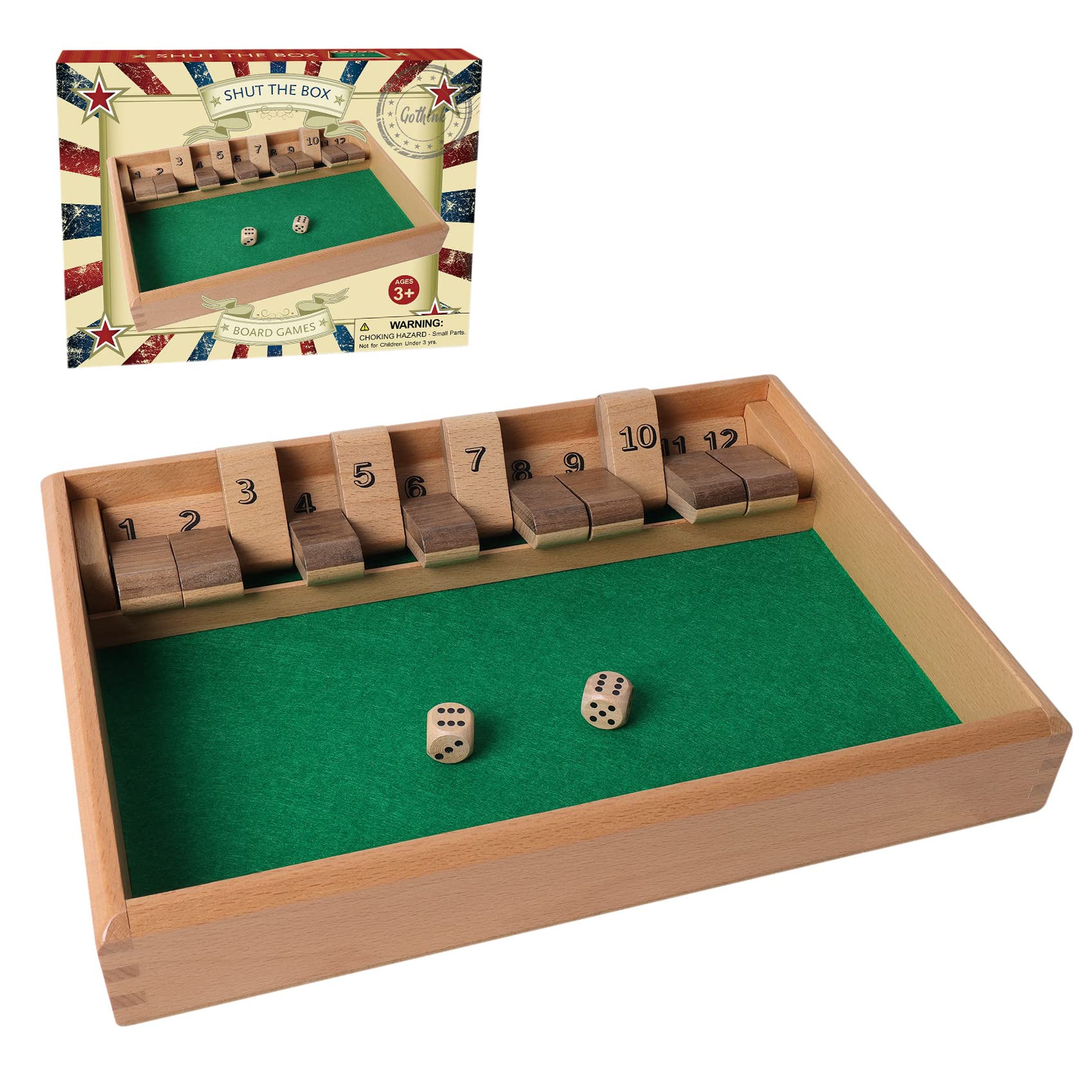 GOTHINK Shut The Box Wooden Board Dice Game - 12 Number Classic Math Tabletop Game with 2 Dice for Kids & Adults | Fun Family Game Night, Classroom Learning, Pub Entertainment & Home Party Activity