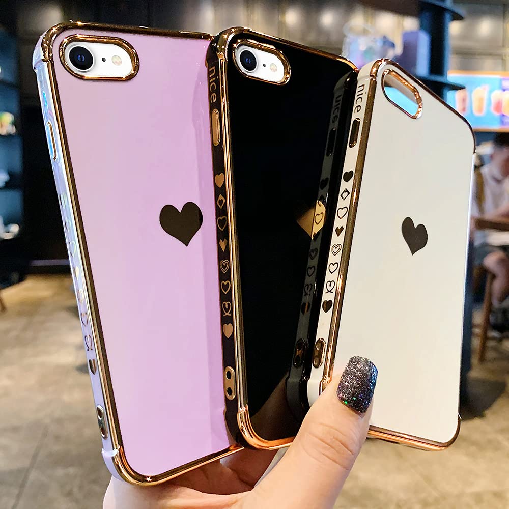 Shockproof Slim Silicone iPhone 7/8/SE 2020/2022 Case - Cute Bling Heart Design Protective Cover for Women & Girls | Perfect for Everyday Use, Work & Travel (Black)