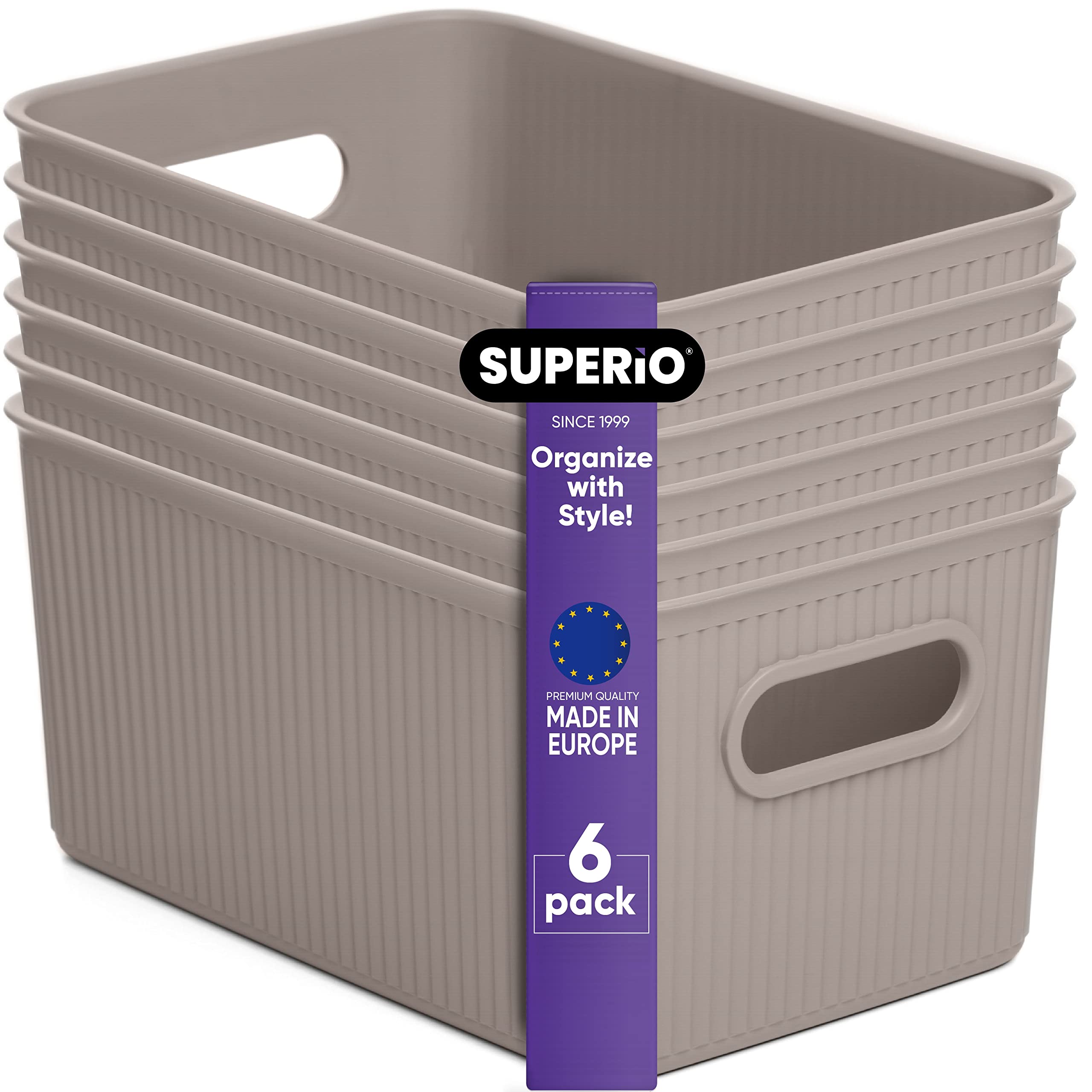 Superio Ribbed Collection - 6 Pack Decorative Plastic Open Storage Bins & Organizer Baskets, Medium Taupe (5 Liter Capacity) | Perfect for Closet, Shelf, Drawer & Home Organization | Space-Saving Storage Boxes for Bedroom, Bathroom & Office