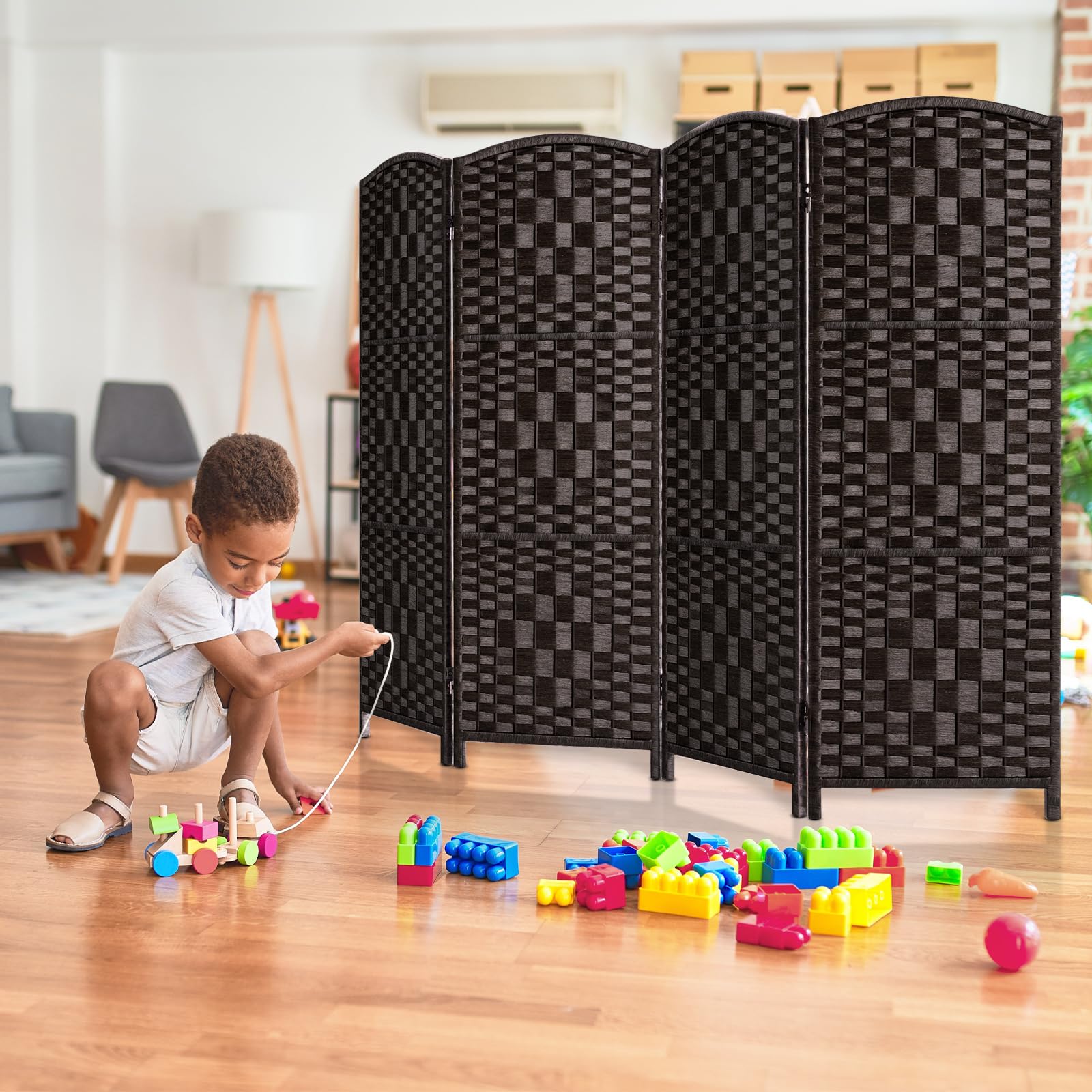 4-Panel Dark Mocha Room Divider - Foldable Privacy Screen & Temporary Wall Partition for Home Office, Bedroom, and Studio Space Separation