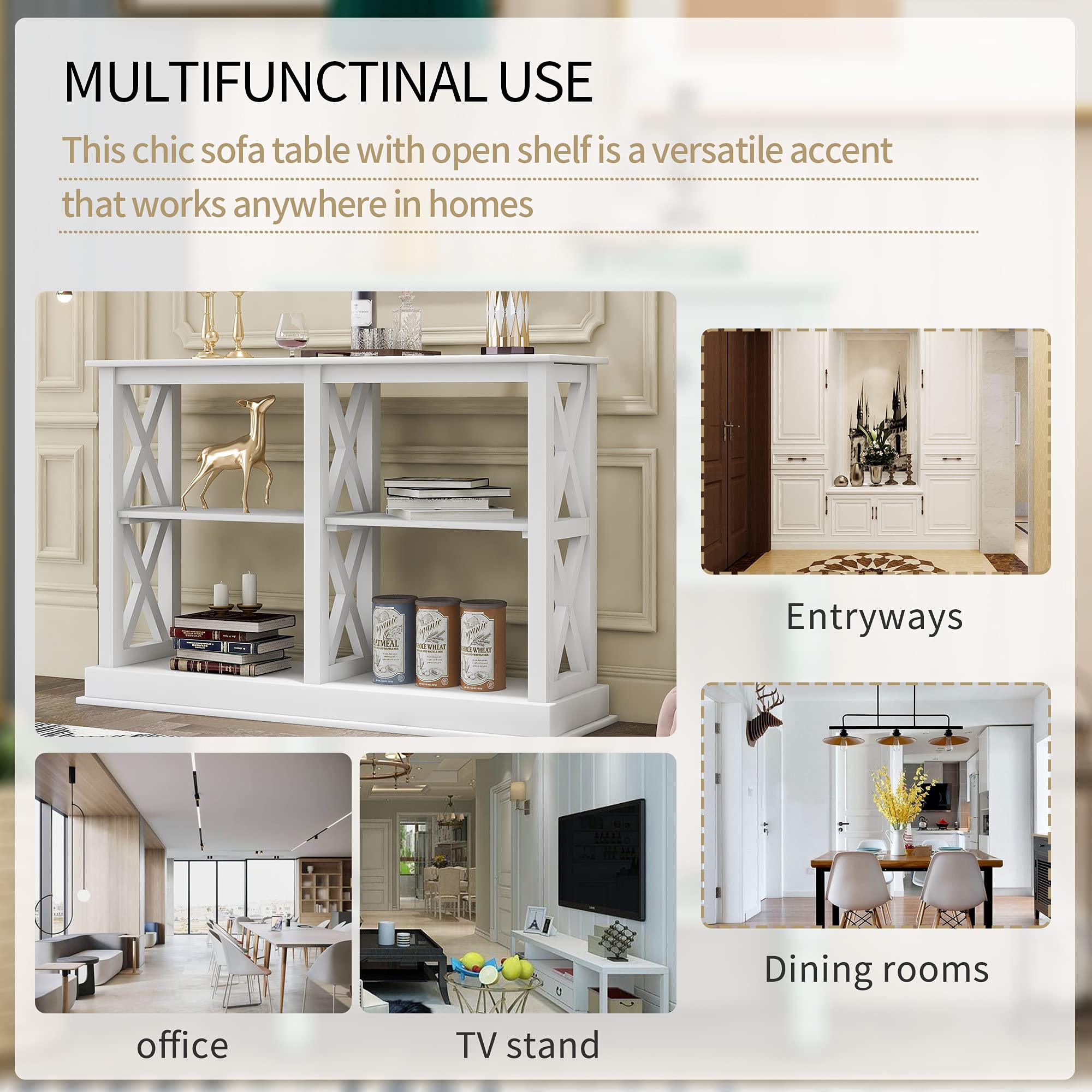 Modern White Console Table with 3-Tier Open Storage & X-Shaped Legs - Narrow Sofa Table, Side Table, Entryway Table for Living Room, Hallway, Bedroom - Perfect for Small Spaces & Home Organization
