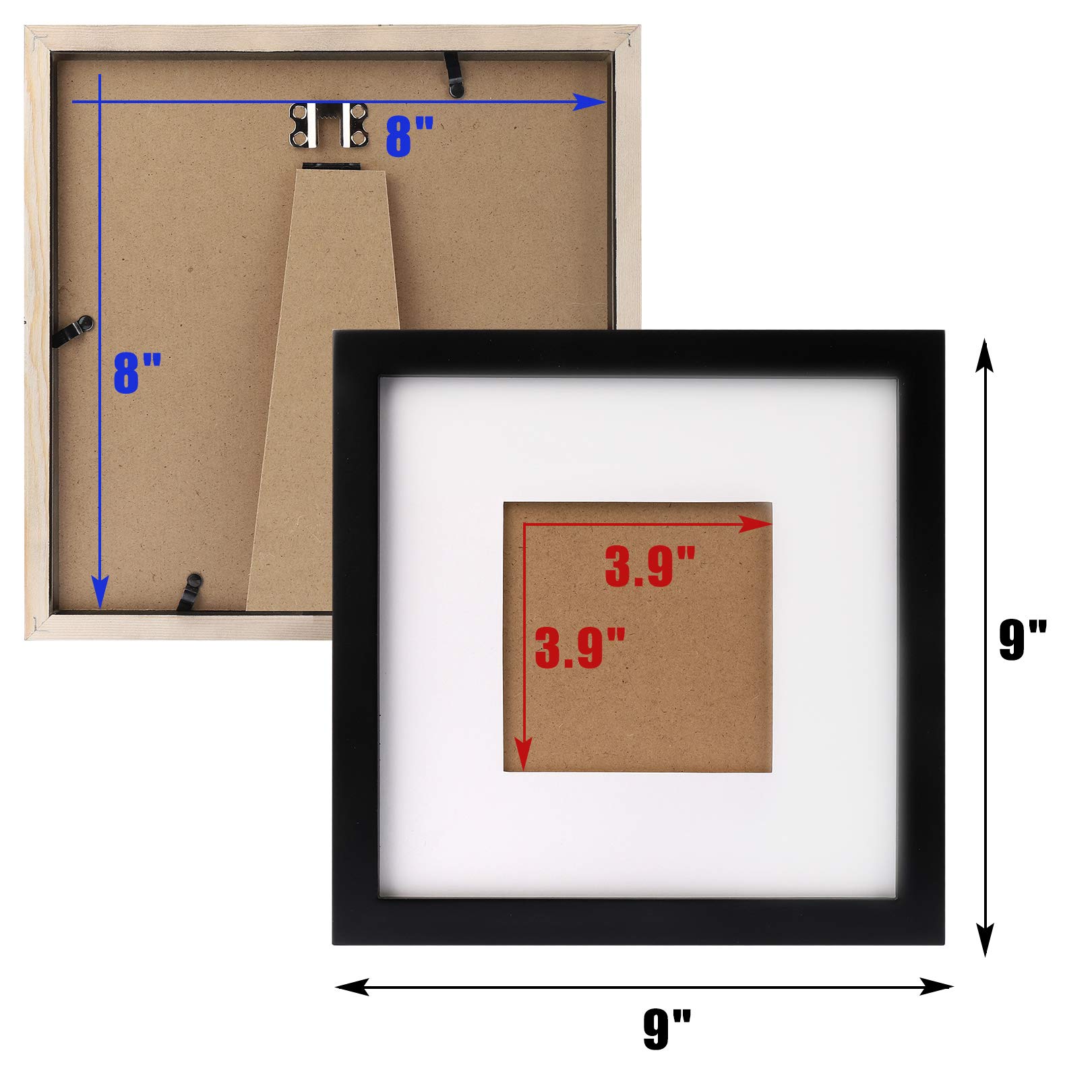 8x8 Inch Black Square Picture Frames - Set of 6 Solid Wood Wall Mount & Tabletop Display Frames for Home Decor, Office, Gallery Wall, and Photo Displays