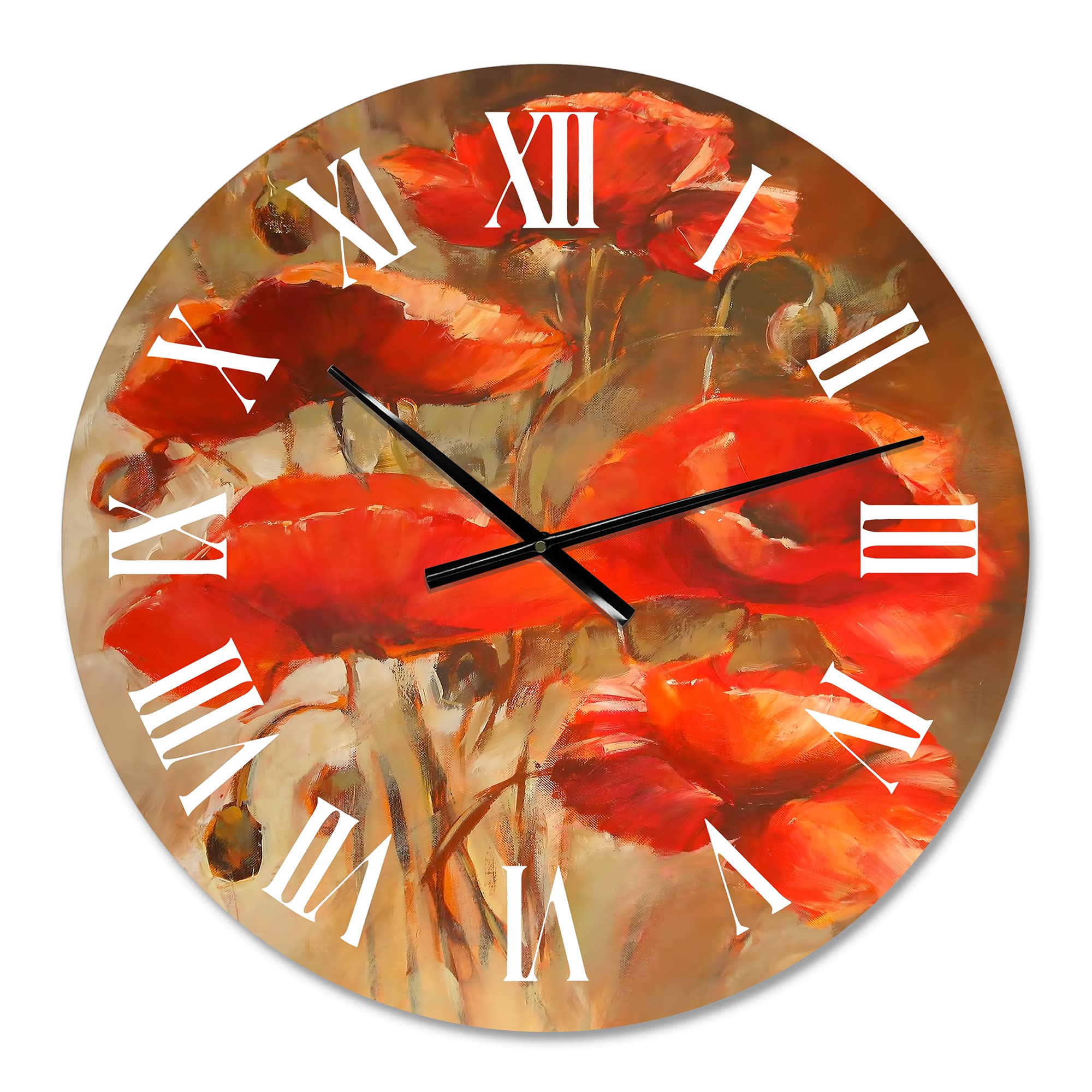 Red Blossoming Poppies VI - Large Traditional Floral Wall Clock for Kitchen, Living Room & Bedroom Decor | Silent Non-Ticking Botanical Design