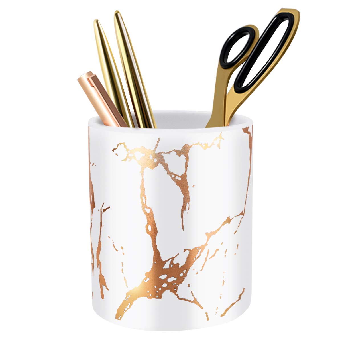 Waveyu Marble Ceramic Pen Holder - Stylish Desk Organizer for Pencils, Makeup Brushes & Stationery | Durable Office, School & Home Decor (White & Gold) - Perfect for Workspace, Vanity & Study Desk Organization