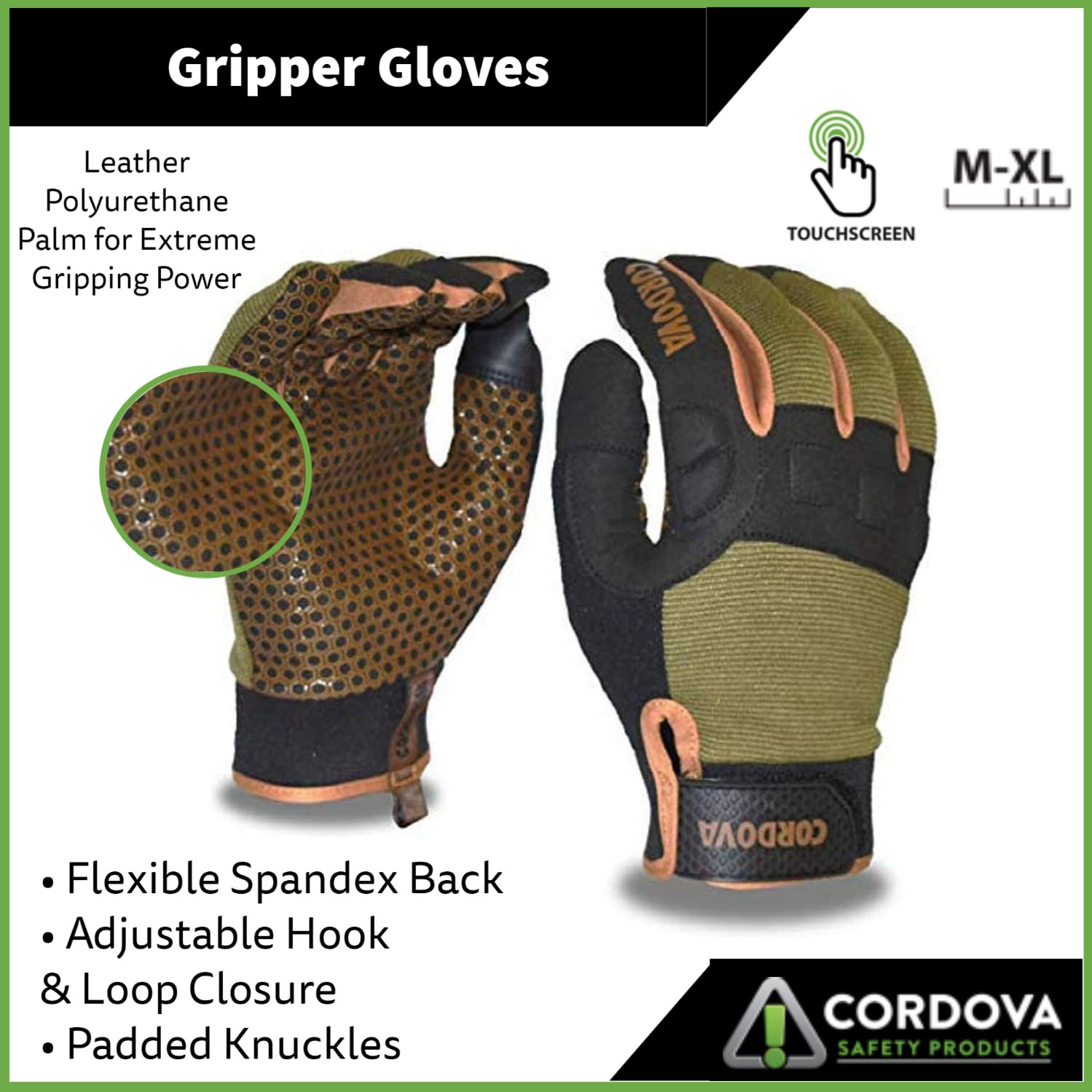 Cordova 99502 Grip Work Gloves - Full Silicone Dots for Maximum Grip, Padded Knuckle Protection, Flexible Spandex Back & Adjustable Wrist Closure - Ideal for Construction, Landscaping, Warehouse and DIY Projects (Medium)