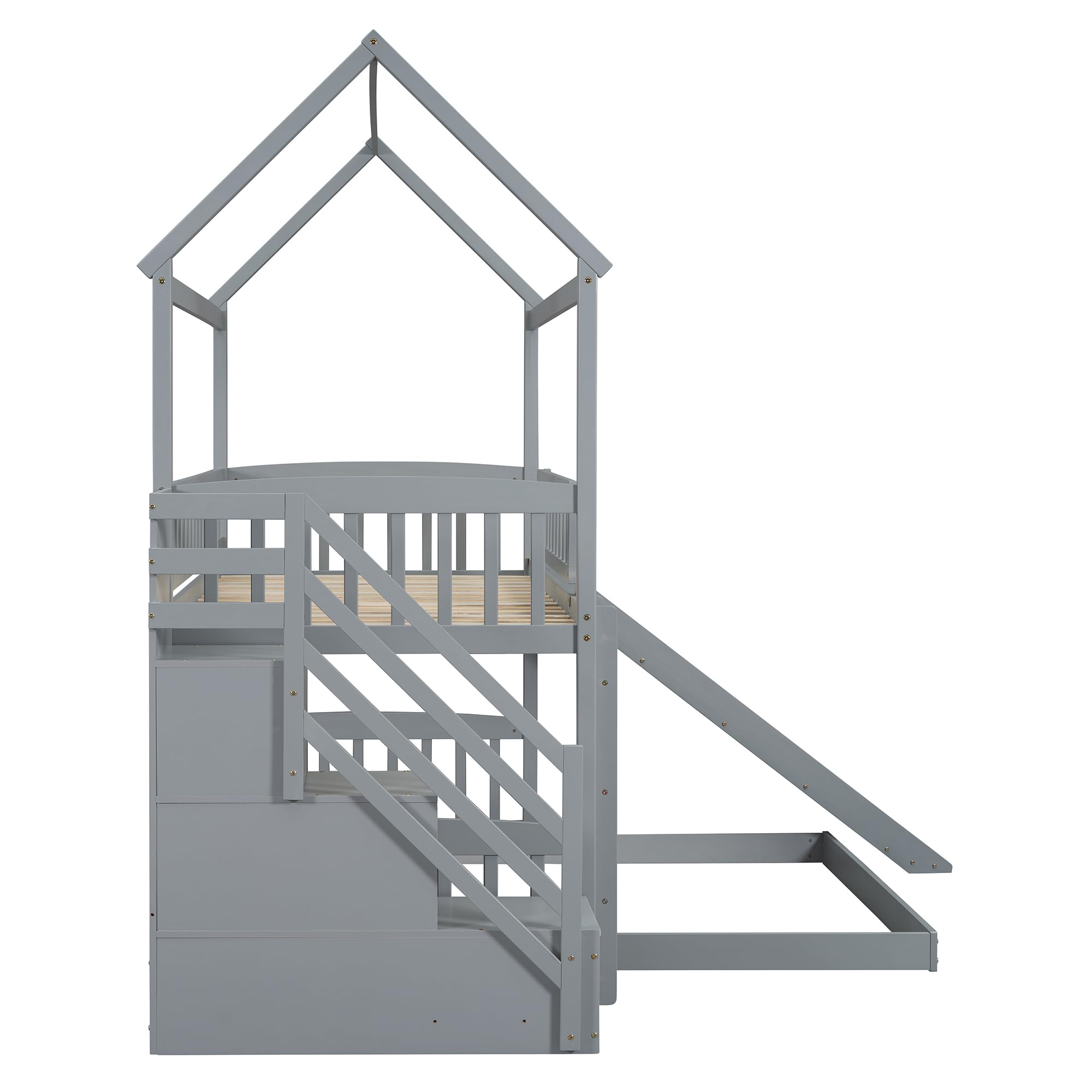 Solid Wood Twin Over Twin Bunk Bed with Slide - Kids Loft Bed with Storage Staircase, Roof & Guardrails - Easy Assembly House Bed for Boys, Girls & Teens (Gray) - Perfect for Small Bedrooms, Playrooms & Sleepovers