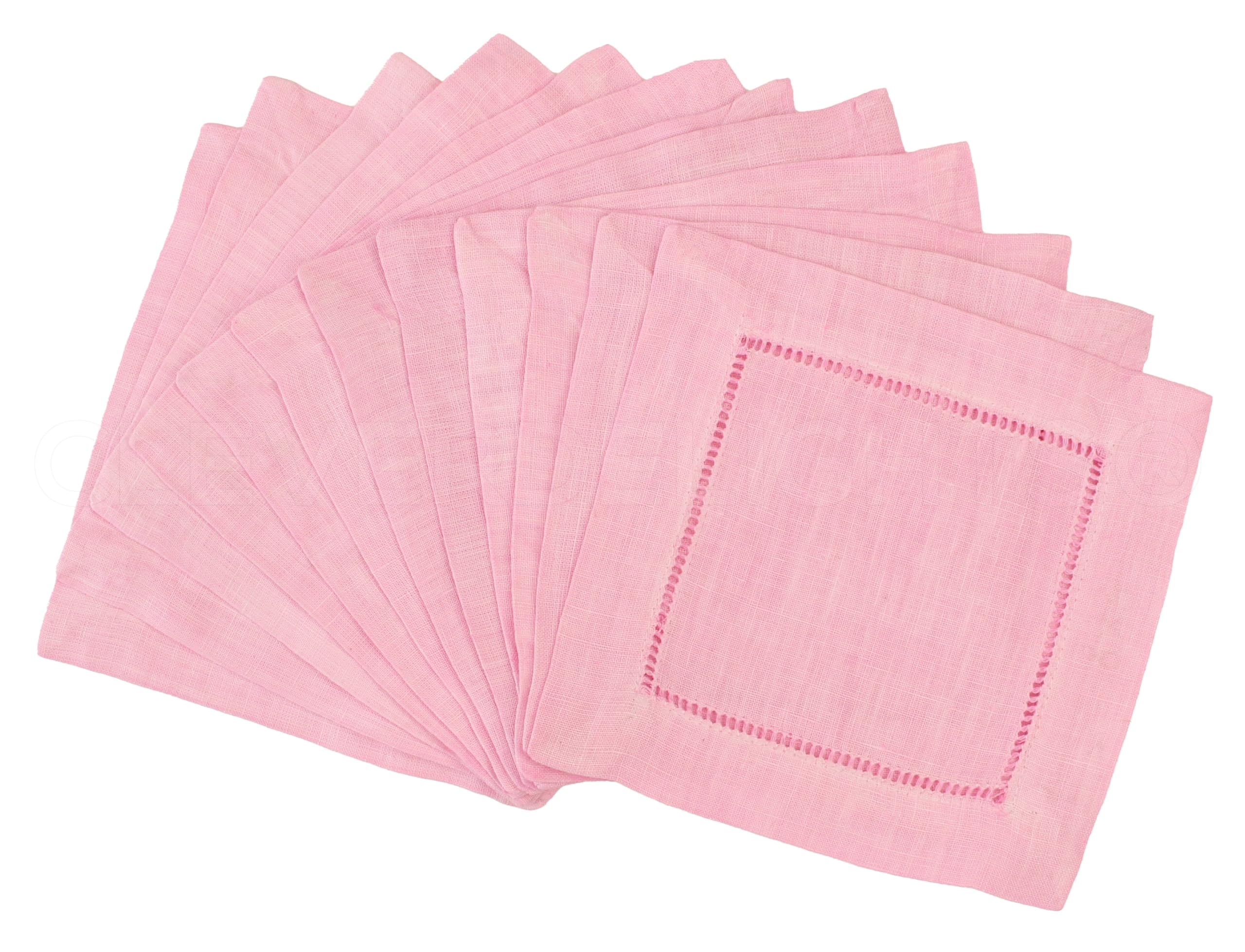 CleverDelights 6 Inch Light Pink Linen Hemstitch Cocktail Napkins - Set of 12 Premium 100% Linen Napkins - Perfect for Weddings, Bridal Showers & Elegant Dinner Parties