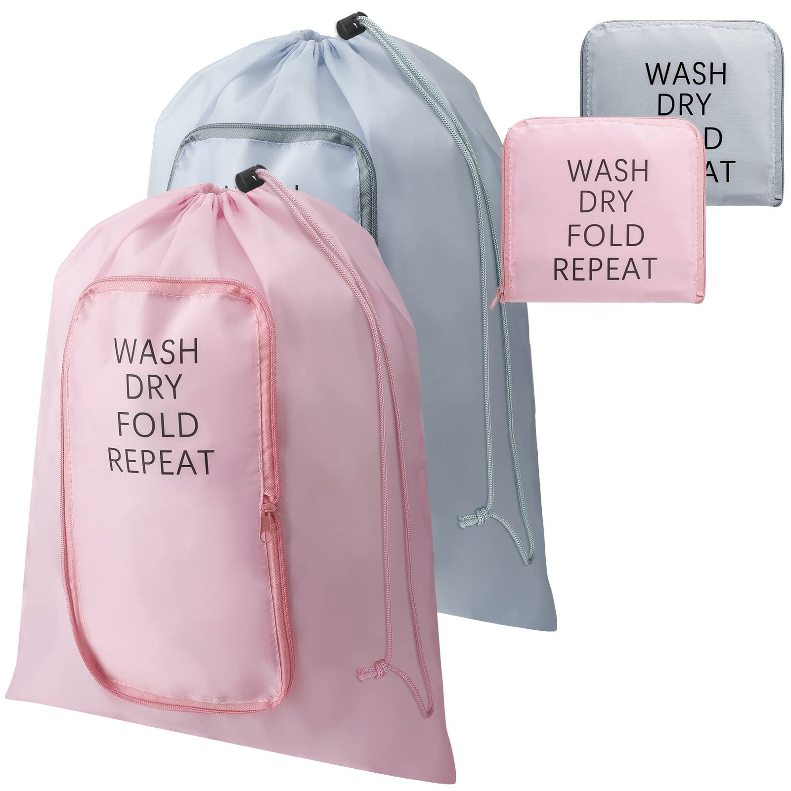 Boao 2 Pack Washable Travel Laundry Bags with Drawstring & Zipper - 22x18 Inch Reusable Dirty Clothes Organizer for Suitcase (Pink, Gray) - Perfect for Travel, Camping & College Dorm Organization