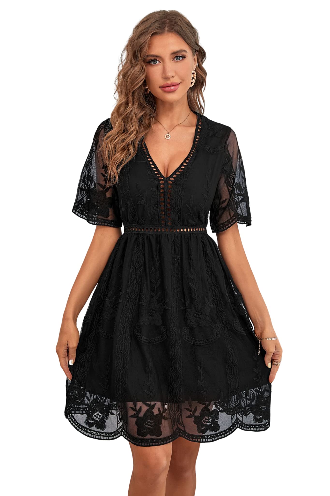 HOYISHION Women's Floral Embroidered Lace V-Neck Mini Dress - Wedding Guest, Bridesmaid, Cocktail Party Outfit for Summer Events & Date Nights