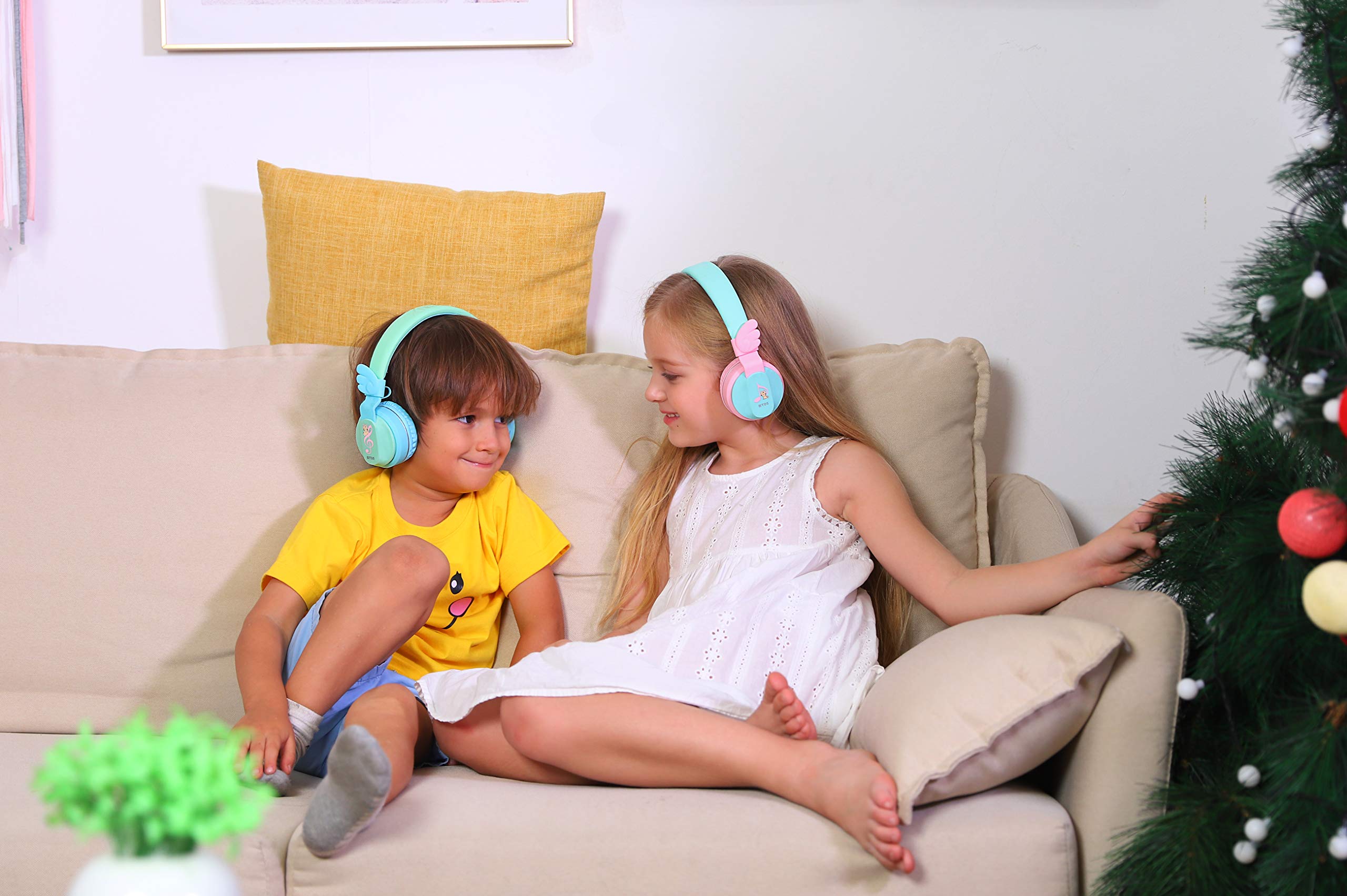 Riwbox BT05 Wireless Bluetooth Kids Headphones - Foldable Over-Ear Headset with Volume Limiter, Built-in Mic & TF Card Slot - Compatible with iPad, iPhone, Tablet (Green & Blue) - Perfect for Online Learning, Travel & Home Entertainment
