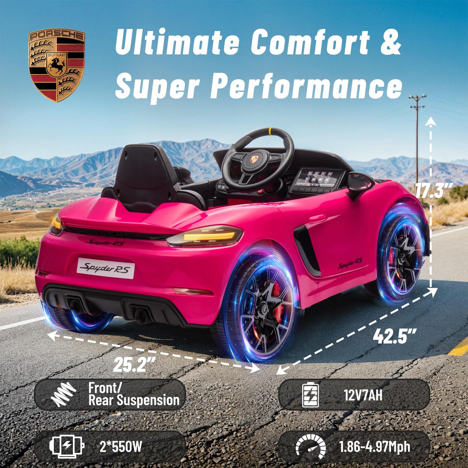 12V Licensed Porsche 718 Kids Electric Ride-On Car with Parent Remote Control, LED Lights, Music Player & Durable Tires - Pink | Perfect for Birthday Gifts, Outdoor Play & Learning Driving Skills