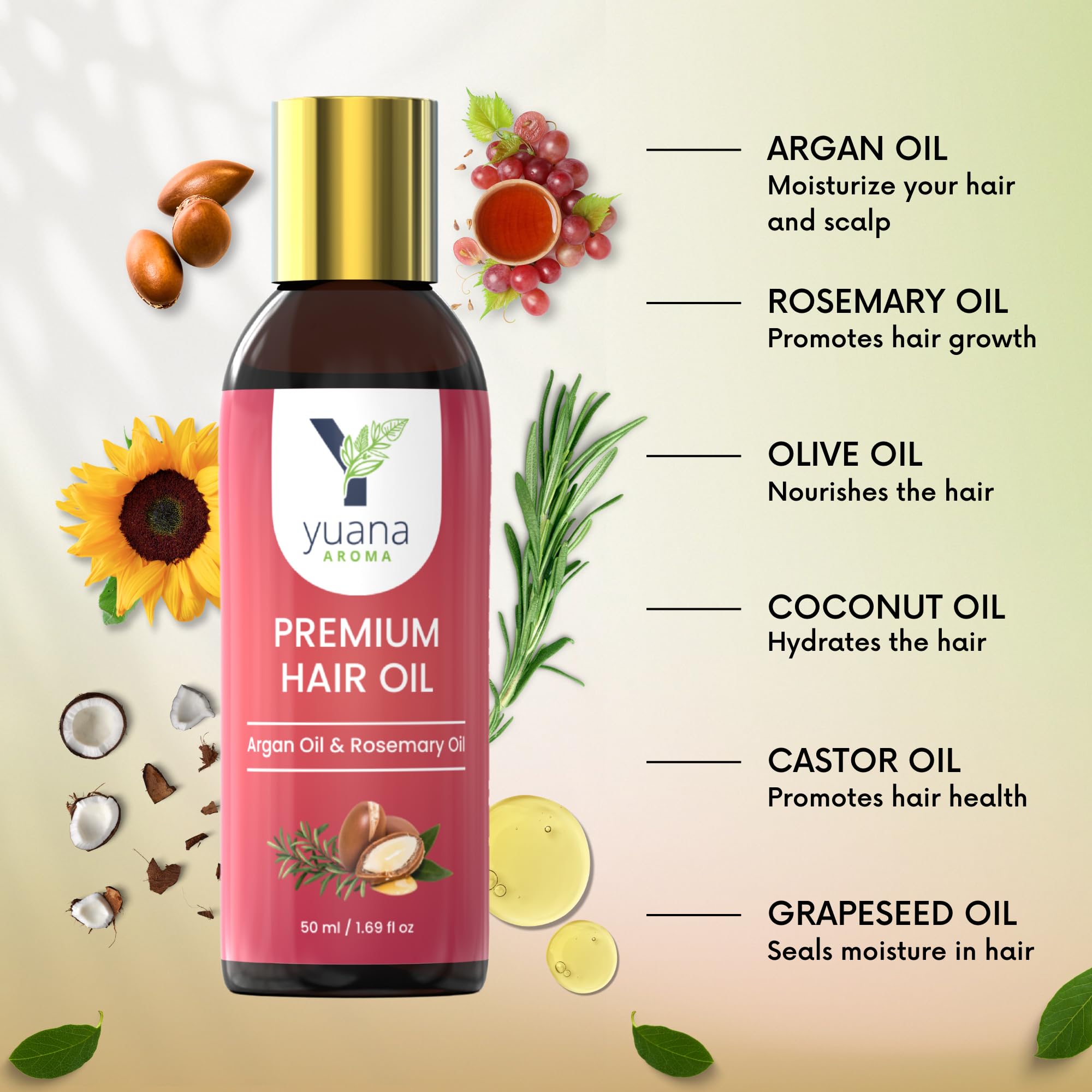 Yuana Aroma Premium Hair Growth Oil with Argan & Rosemary - 100% Natural Treatment for Hair Loss Control & Frizz Reduction (50ml) | Perfect for Daily Scalp Massage & Damaged Hair Repair