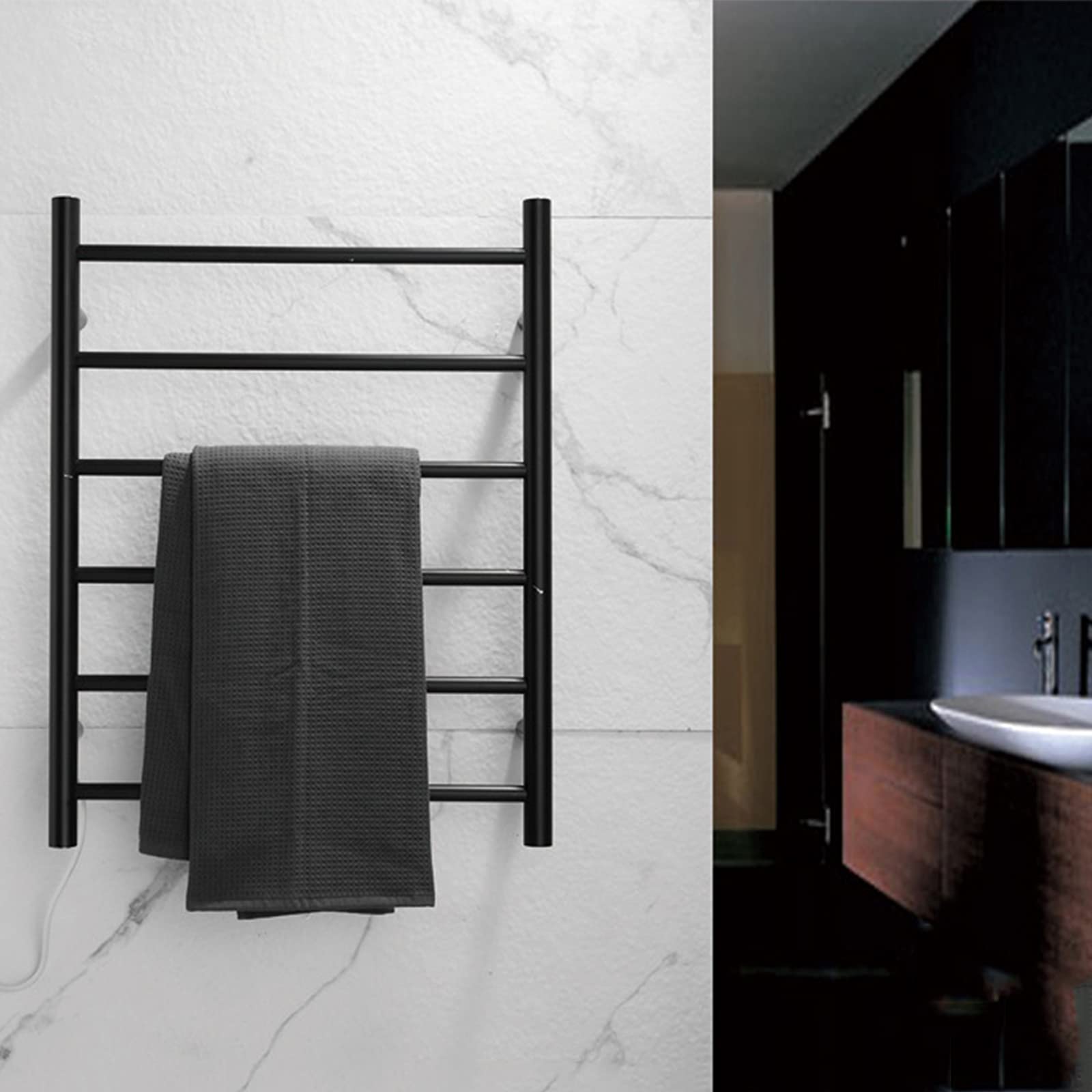 Electric Heated Towel Rack - 6 Round Bar Wall Mounted Towel Warmer, Energy Efficient 304 Stainless Steel Bathroom Heater with Plug-in Design (Black) - Perfect for Spa-Like Luxury & Quick Drying in Modern Homes