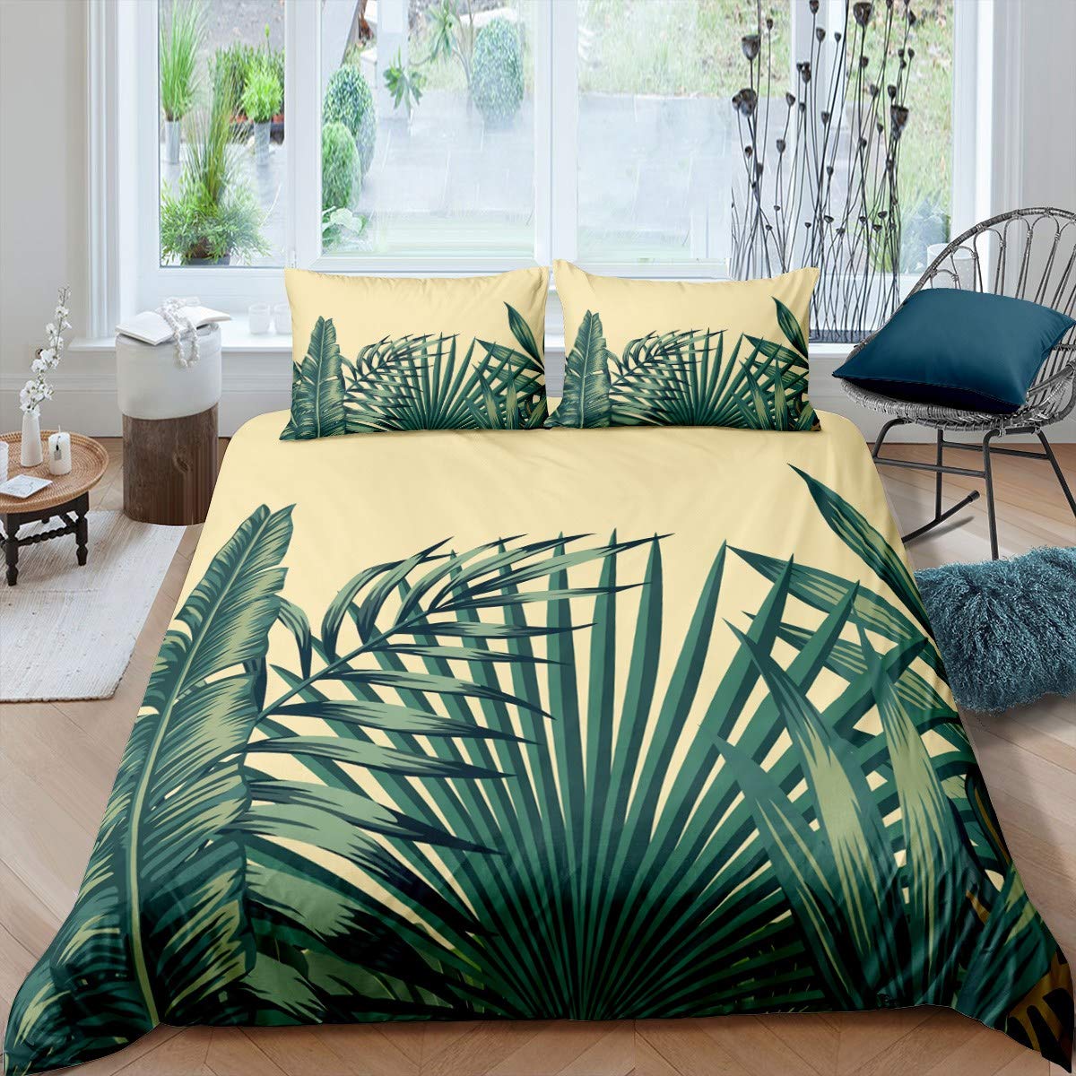 Manfei Tropical Green Palm Leaf Banana Leaf Duvet Cover Set - 3 Piece King Size Microfiber Bedding with 2 Pillowcases (Comforter Not Included) - Perfect for Kids, Boys, Teens Bedrooms & Beach House Decor