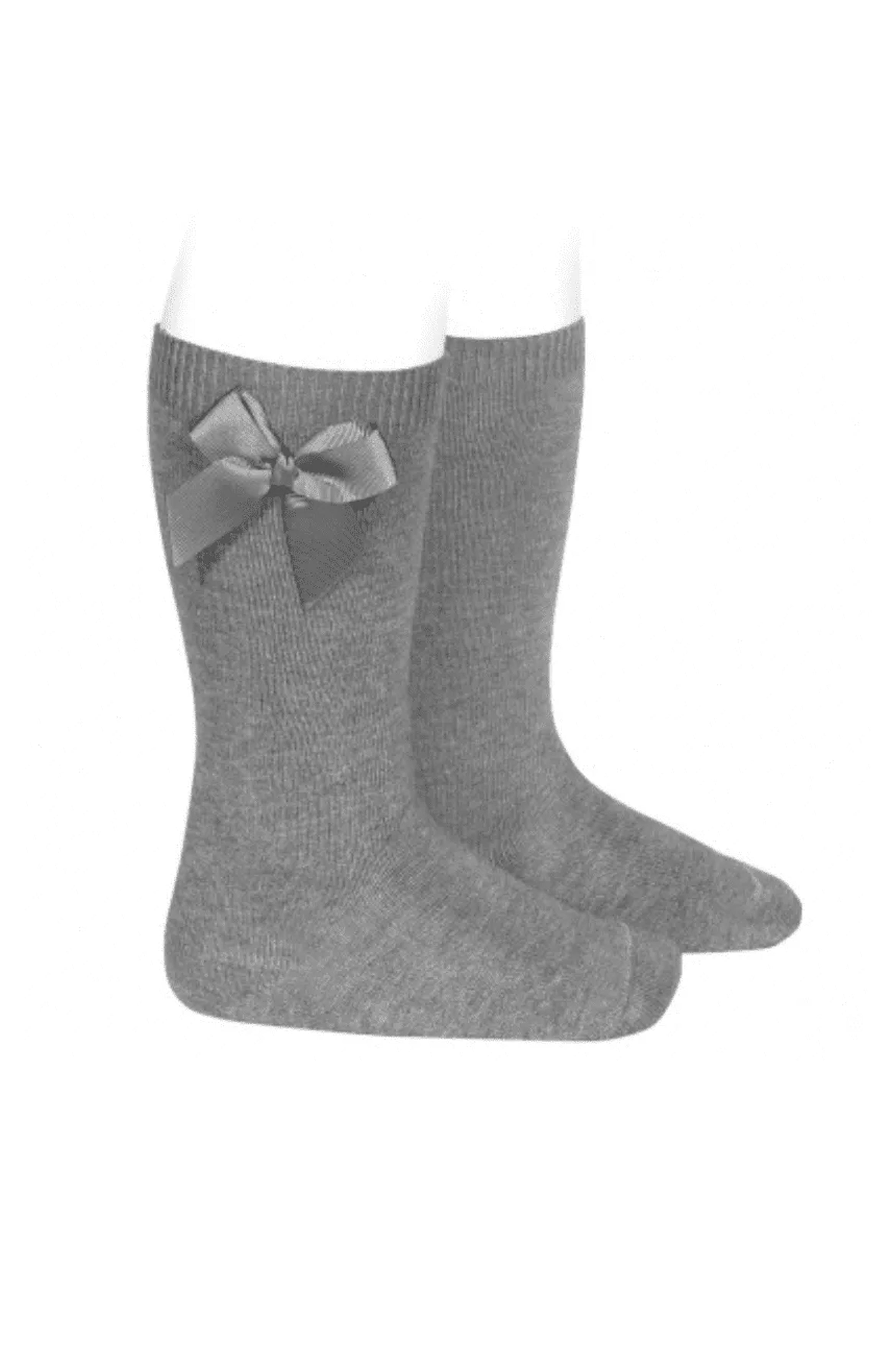 Light Grey Grosgrain Bow Knee High Socks for Women - Elegant Fashion Socks for Outfits, Cosplay, and Daily Wear