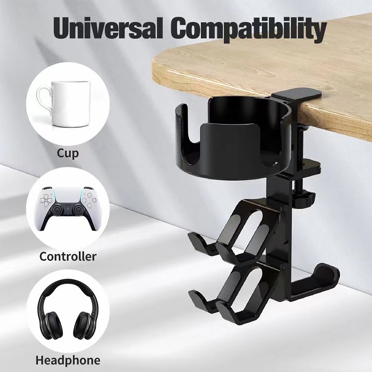 360° Rotating 3-in-1 Desk Controller Holder with Headphone Hanger & Anti-Spill Cup Holder - Aluminum Alloy & Plastic Gaming Accessory for Xbox/PS4/PS5/Switch (Max Load 20lb) - Perfect for Gaming Setups, Office Desks & Home Entertainment Centers