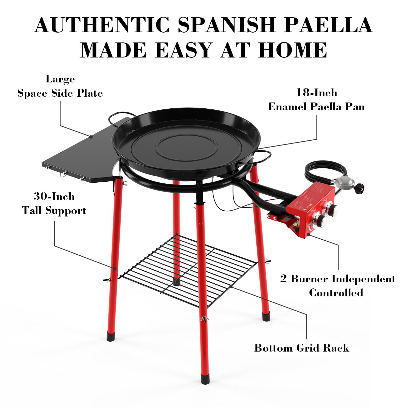 GRISUN 18 Inch Enameled Paella Pan Set with Burner, Stand & Accessories - Includes Built-In Ignitor, Regulator Hose, Carry Bag & Durable Legs - Perfect for Outdoor Cooking, Parties & Spanish Cuisine (12 Servings)