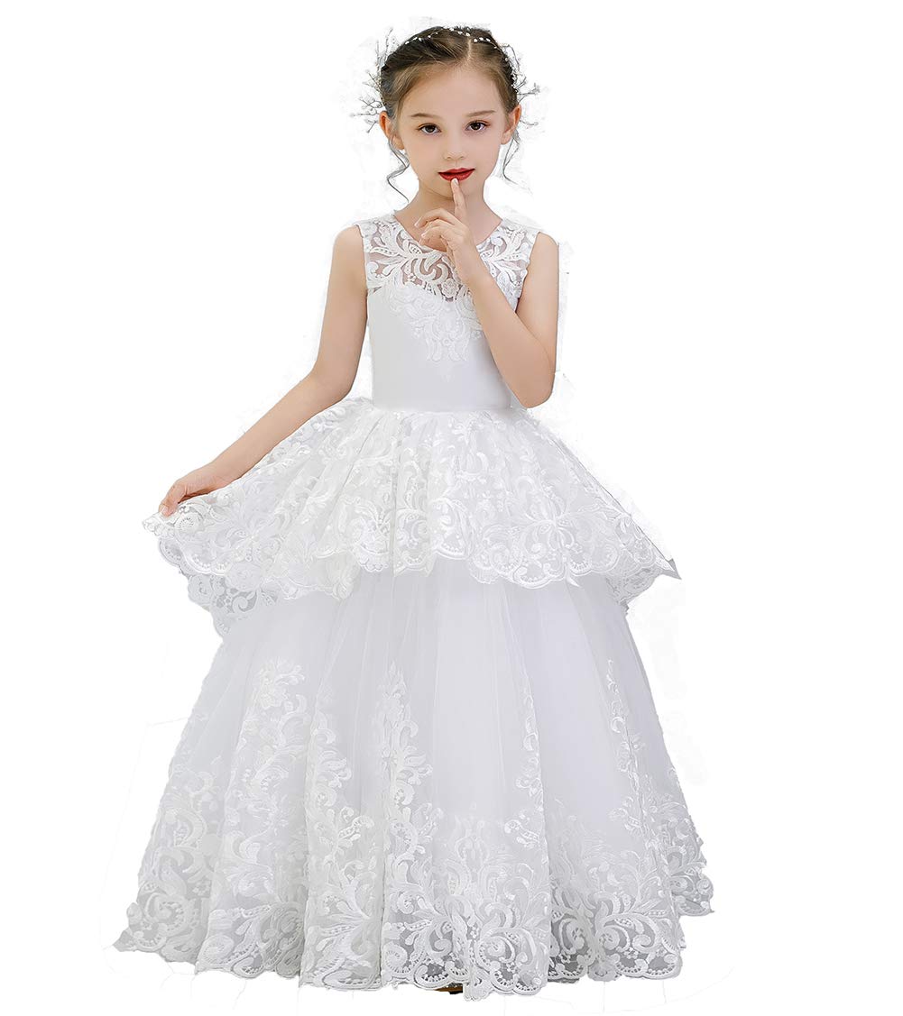 White Tulle Lace First Communion Dress for Girls - Rustic Vintage Ball Gown with Floral Embroidery | Perfect for Church Ceremonies, Baptisms & Special Occasions