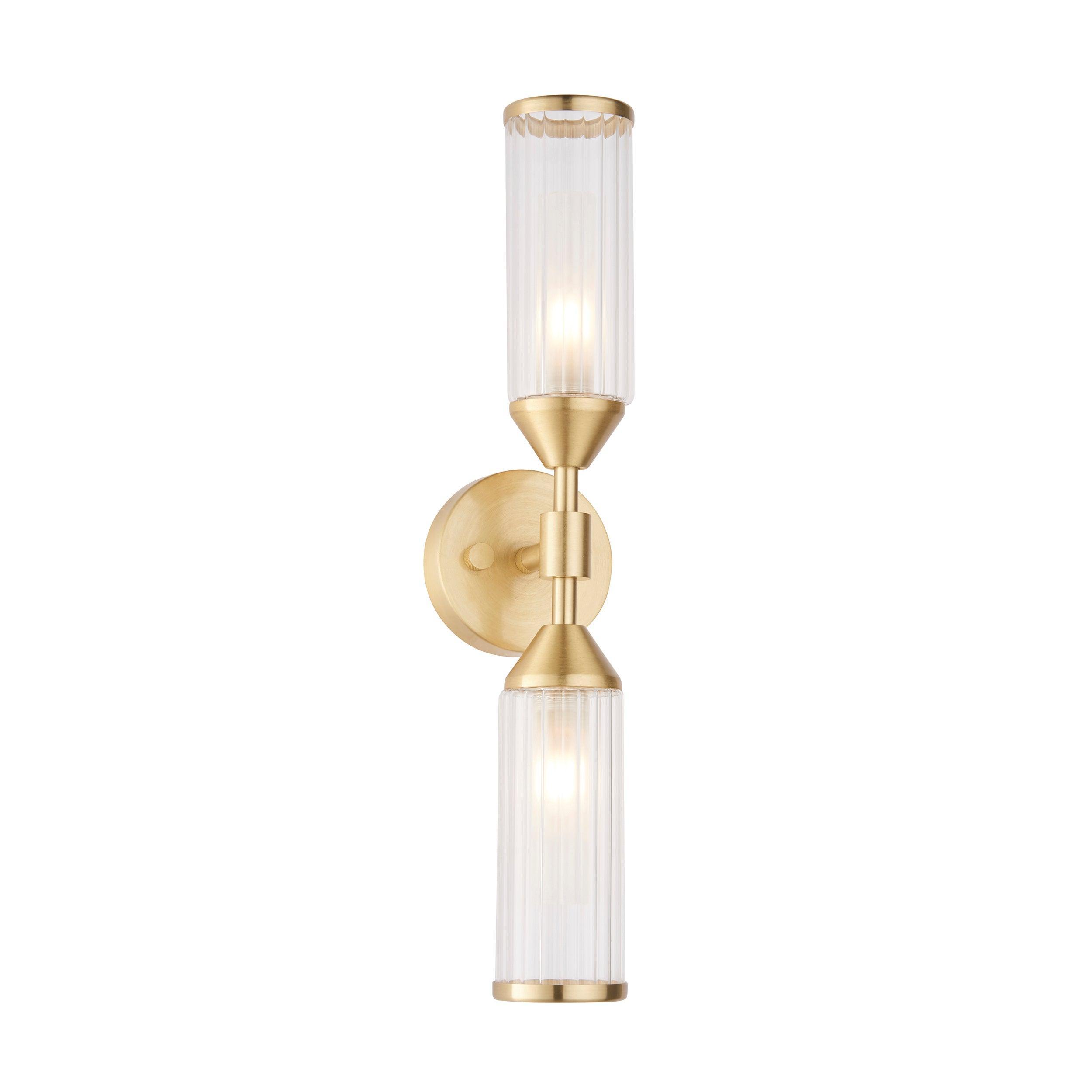Belsize Brass Double Wall Light with Ribbed Glass Shades - Perfect for Living Room, Bedroom, and Hallway Lighting
