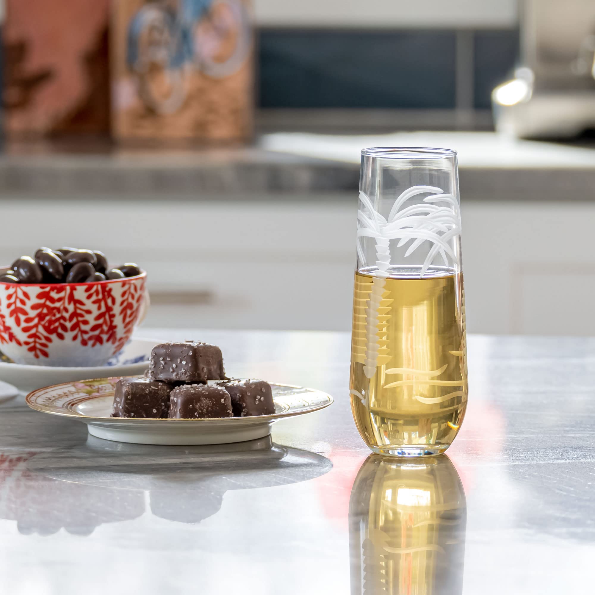 Premium Rolf Glass Palm Tree Stemless Champagne Flutes - Set of 4 (8.5 oz) | Lead-Free & Etched Design | USA Made | Perfect for Weddings, Parties & Beach Themed Events