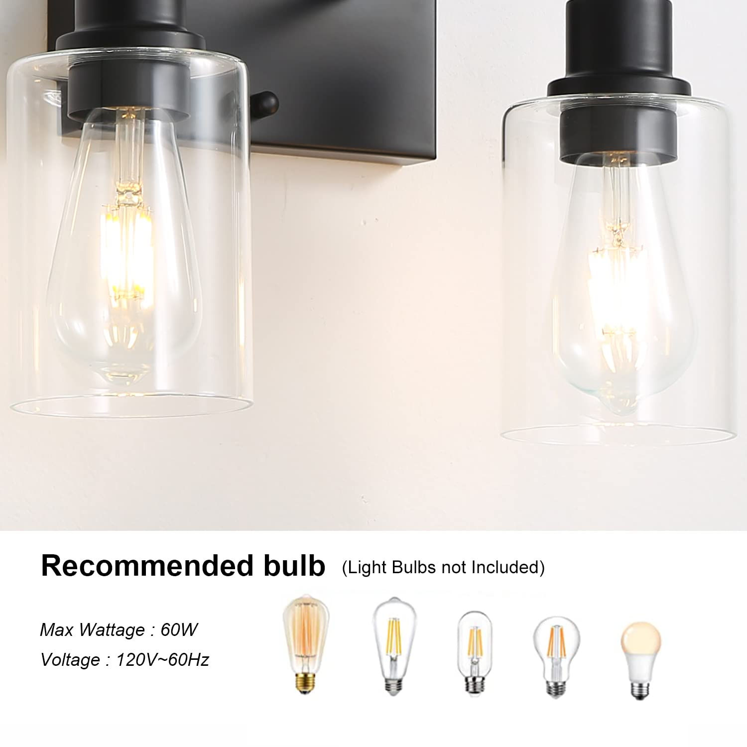 Modern Matte Black Bathroom Vanity Light Fixture - 2-Light Wall Sconce with Clear Glass Shade for Bathroom, Hallway, Farmhouse Bedroom & Living Room - Waterproof & Dimmable Lighting for Home Decor