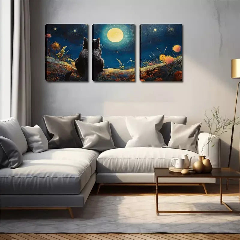 3-Piece Black Cat Wall Art Set - Framed Canvas 40x60cm | High Quality Print | Australian Made | Ready to Hang | Perfect for Living Room, Bedroom & Office Decor
