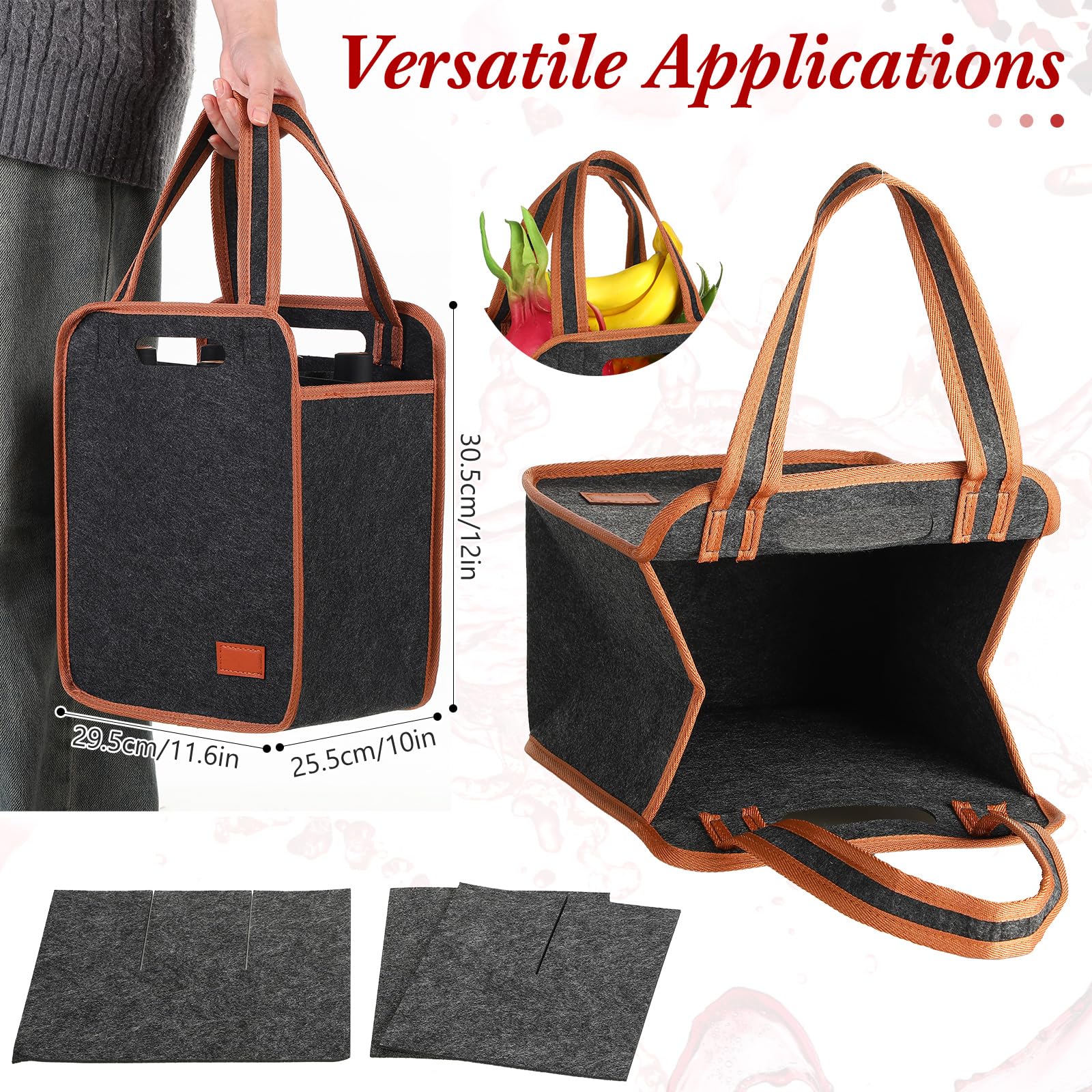 2 Pack Insulated Reusable Wine Tote Bags - 6 Bottle Capacity, Brown (9.45