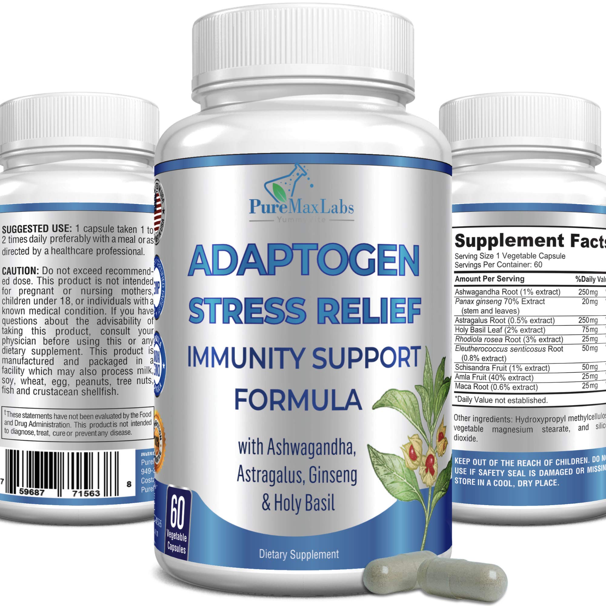 Adaptogen Stress Relief & Immune Support Supplement with Ashwagandha, Astragalus, Ginseng - Natural Adrenal Support for Energy & Focus - Non-GMO, 60 Capsules - Perfect for Busy Professionals & Students