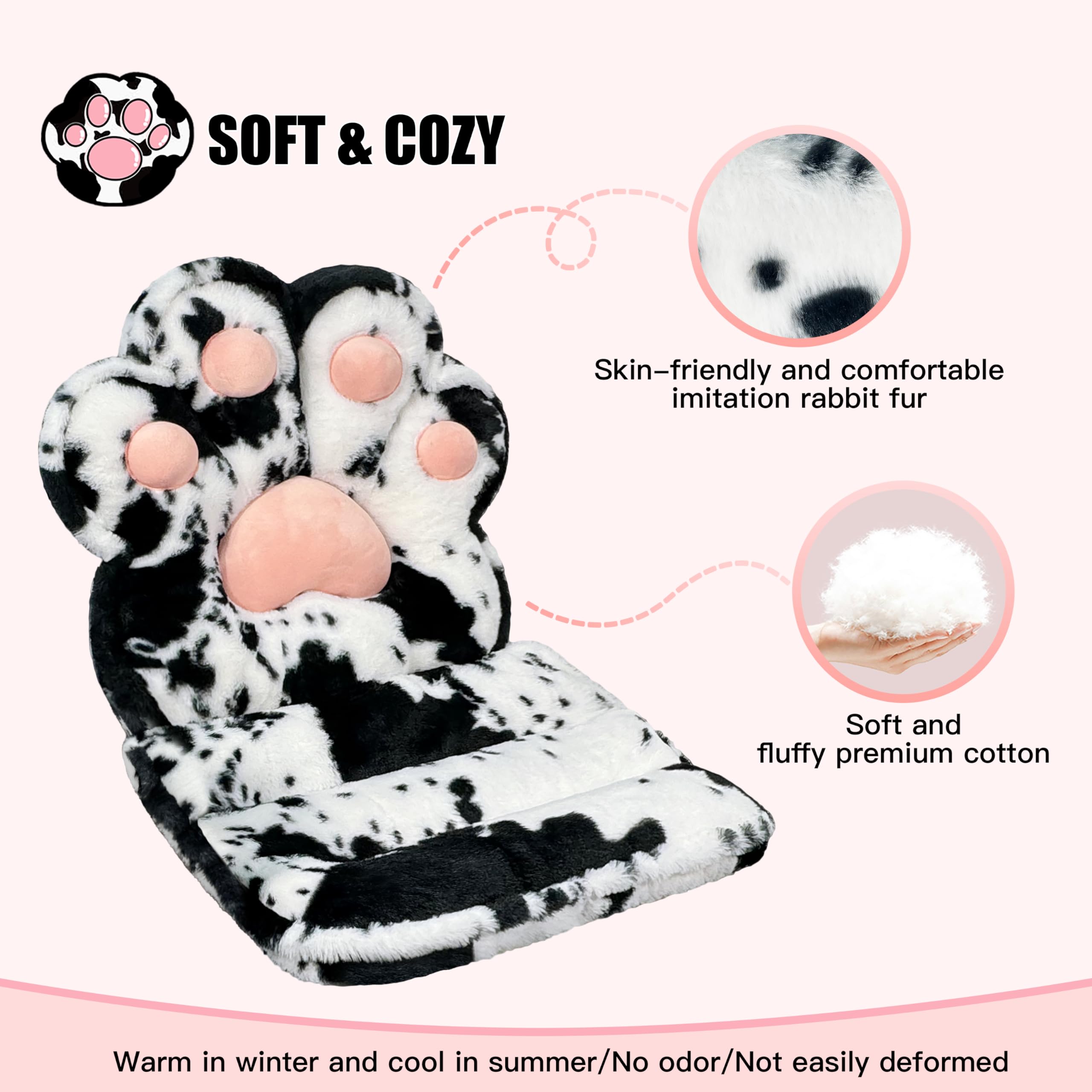 L-Shaped Cat Paw Cushion - Soft Faux Rabbit Fur Gaming Chair Pillow, Kawaii Office Desk Cushion, Plush Seat Pad for Home Decor & Room Aesthetics - Perfect for Gaming Setups, Workstations & Cozy Living Spaces (Cow Print)