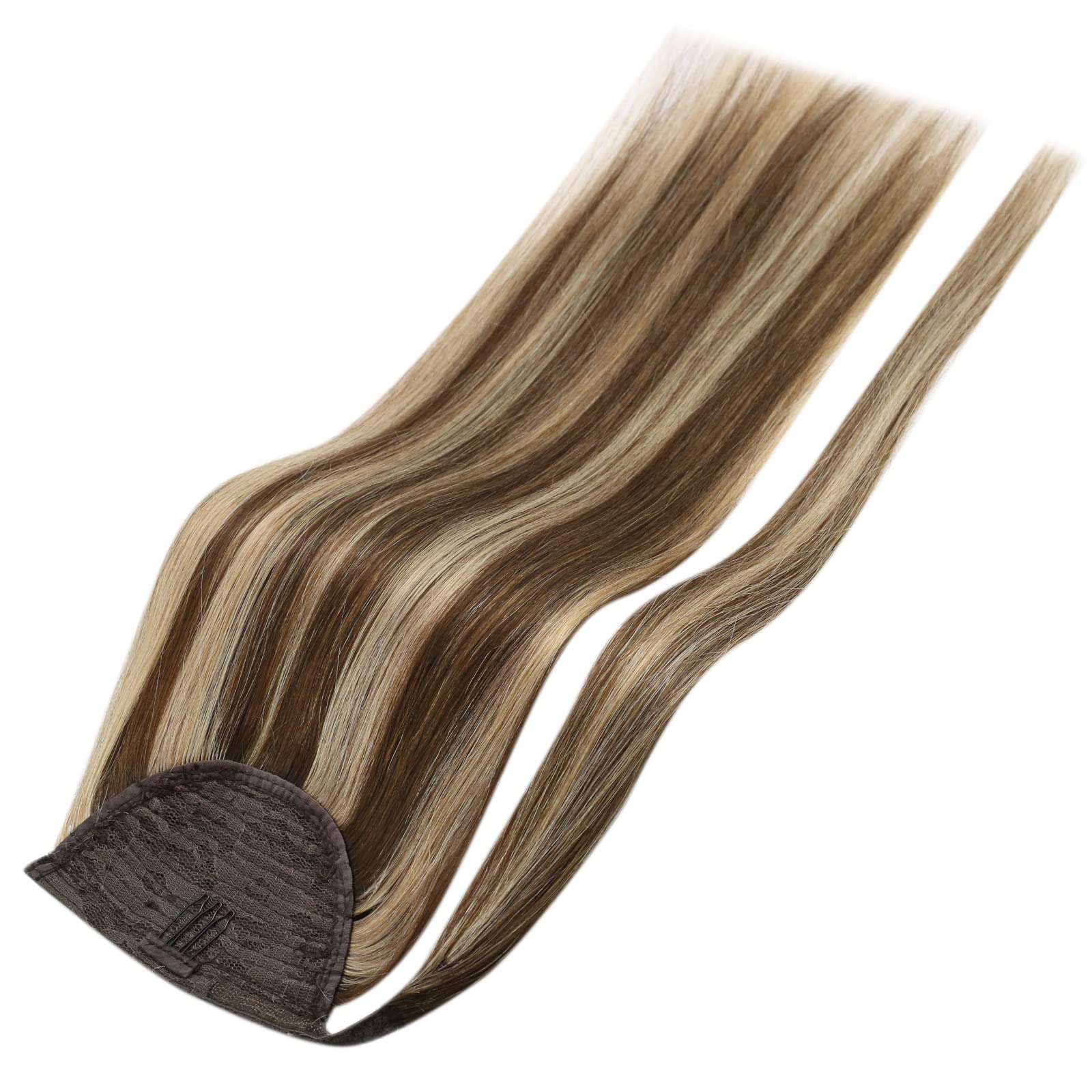 Full Shine 22 Inch Human Hair Ponytail Clip Ins - Medium Brown with Honey Blonde Highlights | 80g Real Human Hair Extensions for Women | Perfect for Parties, Weddings & Daily Styling