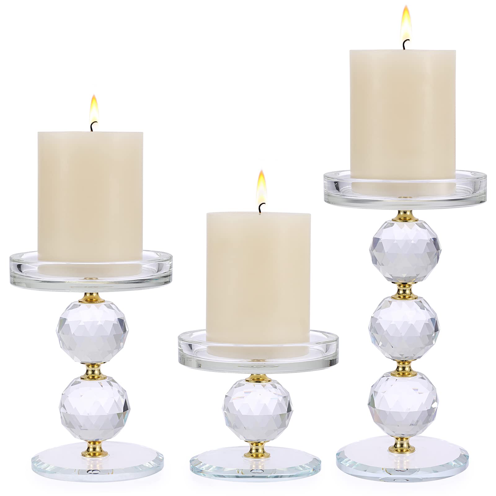 Set of 3 Gold Crystal Glass Pillar Candlestick Holders - Elegant Votive & Tea Light Candle Holders - Modern Candle Centerpiece for Wedding, Living Room, Dining Table Decor - Perfect for Romantic Dinners, Holiday Decorations & Special Events