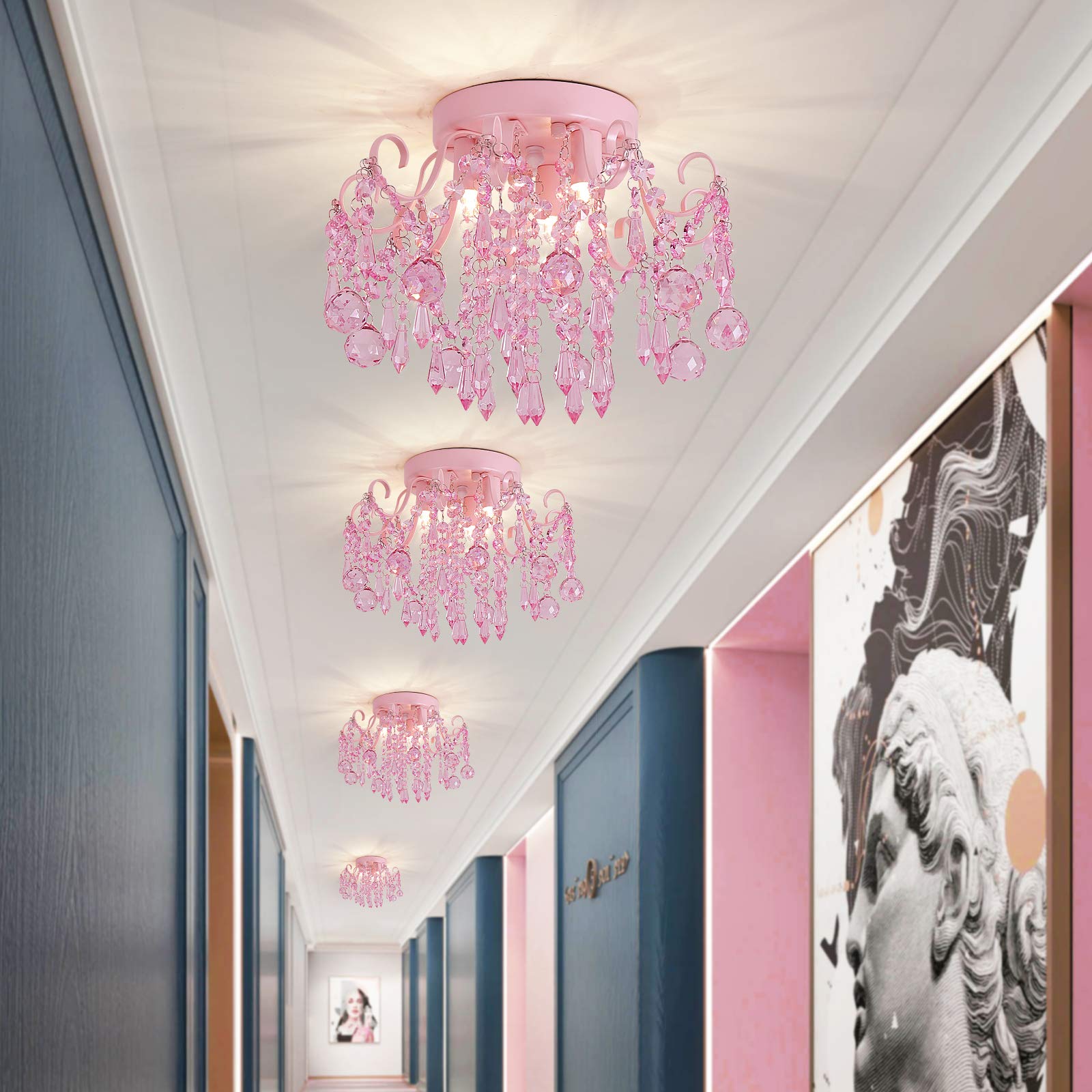 Q&S Mini Chandelier Crystal - Pink Semi Flush Mount Ceiling Light for Girls | 3-Light Small Crystal Fixture for Bedroom, Bathroom, Closet & Nursery | Perfect for Kids' Rooms, Walk-in Closets & Vanity Areas