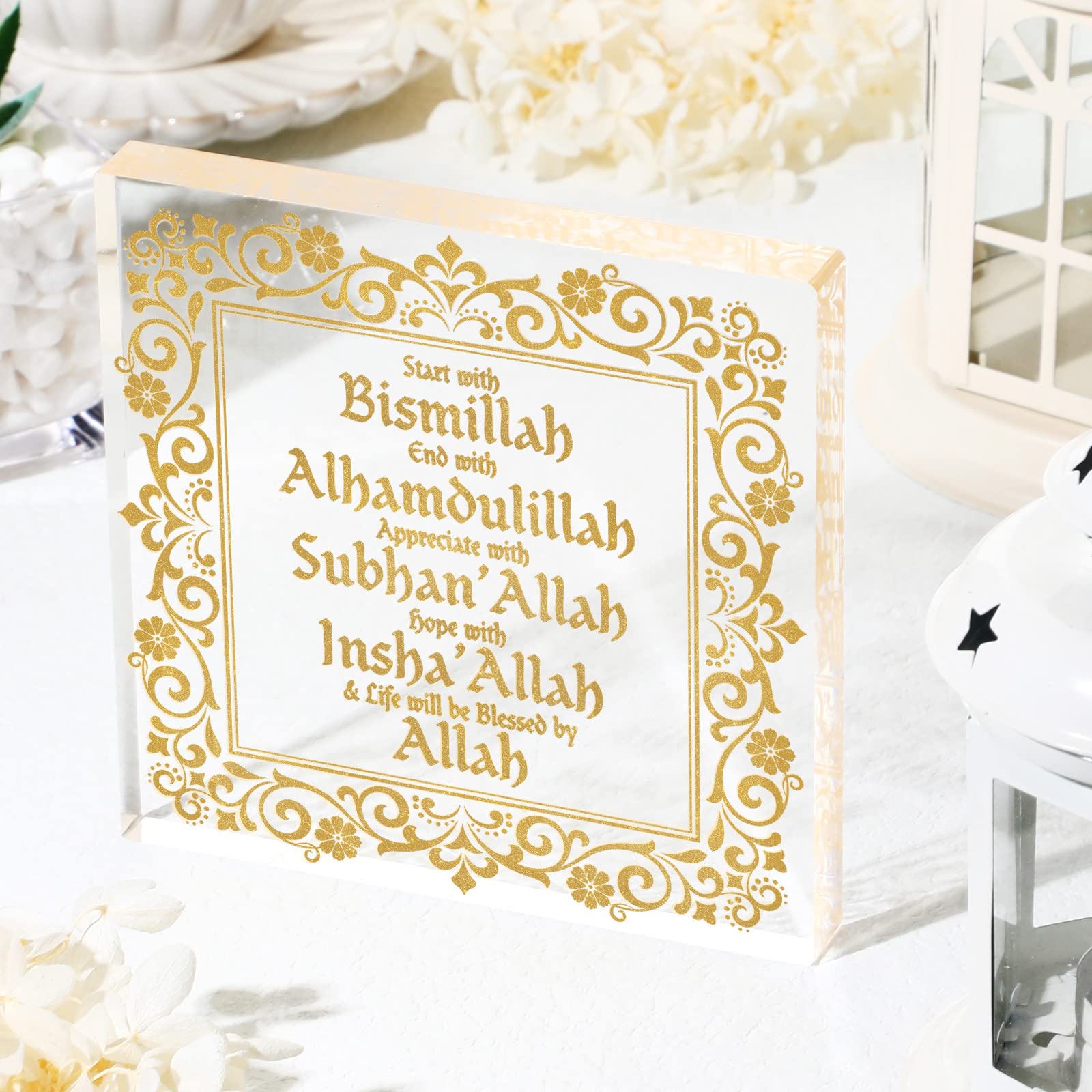 Yookeer Islamic Acrylic Eid Ramadan Mubarak Decor - Arabic Allah Table Sign for Ramadan, Eid, Birthday Gifts - Gold Desktop Ornament for Home, Office & Islamic Celebrations