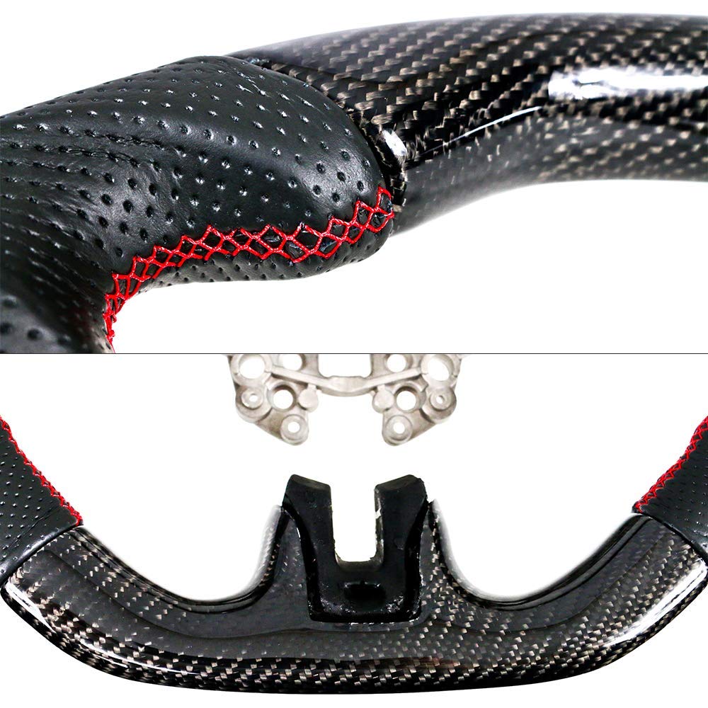 IKON MOTORSPORTS Carbon Fiber Steering Wheel for 2018-2023 Ford Mustang - Black CF Wheel with Genuine Leather & Red Stitching | Upgrade Your Mustang Interior for Racing & Daily Driving