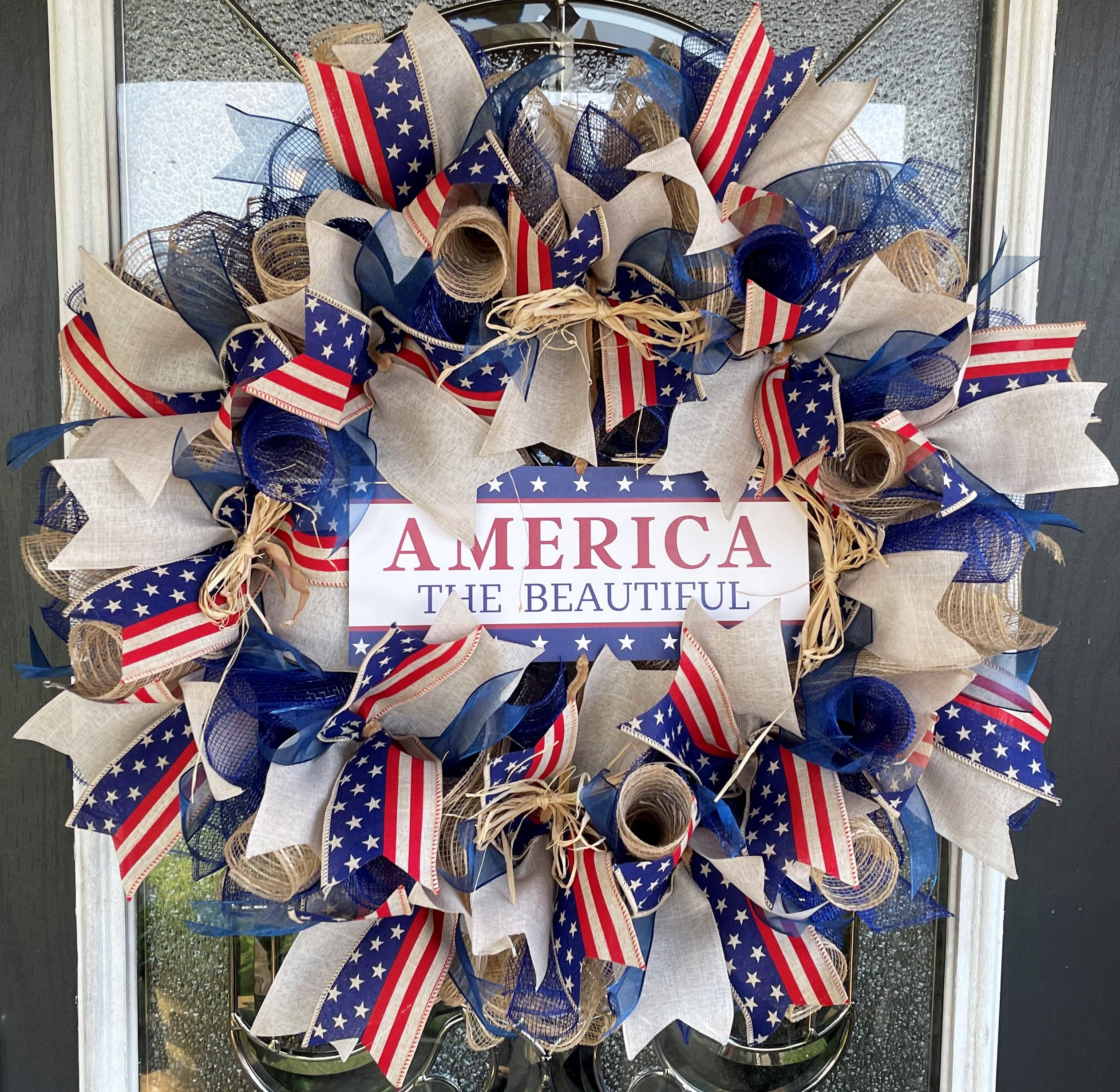 Rustic Farmhouse Patriotic 4th of July Deco Mesh Wreath - American Flag Front Door Decor for Independence Day, Cowboy Birthday & Western Theme - Perfect for Porch, Patio & Country Home Decorations