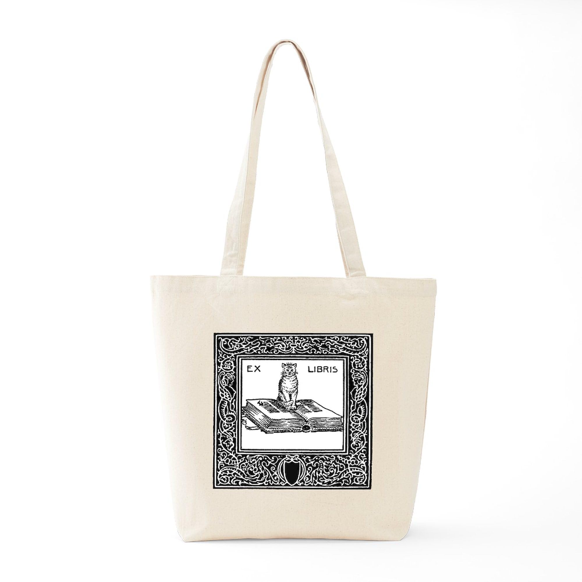 Ex Libris Cat and Book Tote Bag - Natural Canvas Reusable Shopping Bag for Book Lovers, Library Visits & Eco-Friendly Grocery Trips