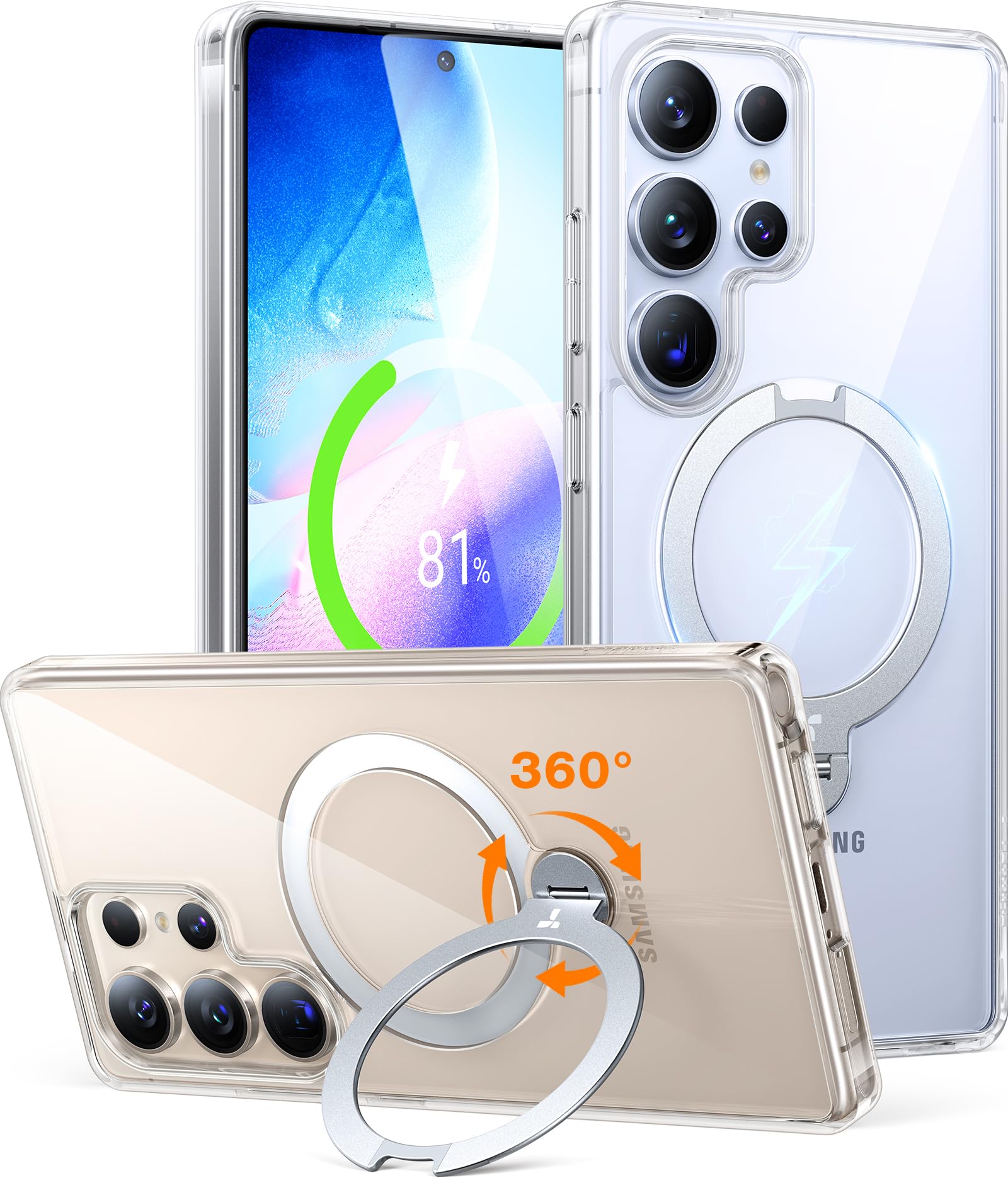 TORRAS 360° Rotating Magnetic Stand Case for Samsung Galaxy S25 Ultra - Slim Military-Grade Hard PC Protective Cover with Magsafe Compatibility, Built-in Kickstand & Ring Holder (Ostand Spin, Clear) - Perfect for Work, Travel and Hands-Free Viewing