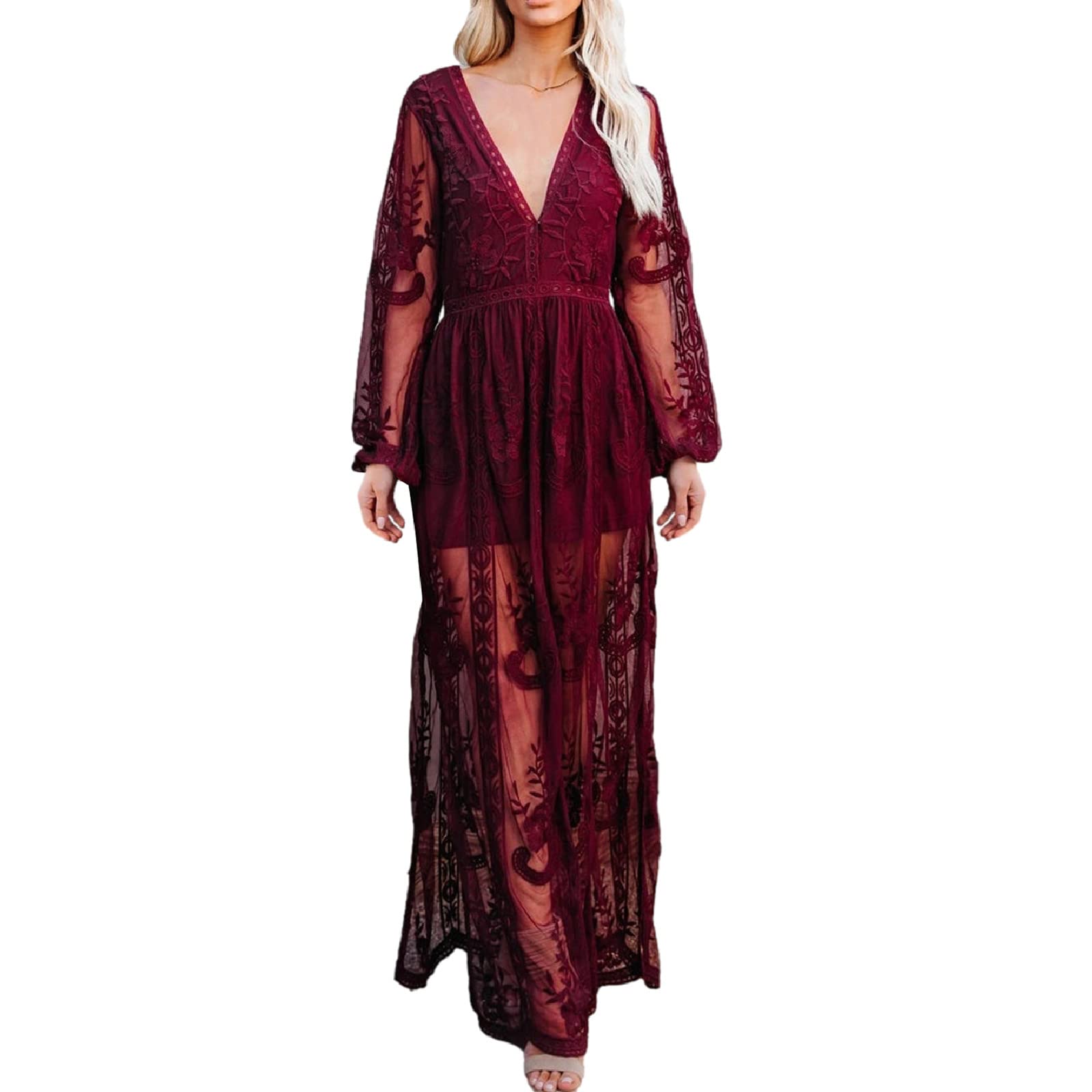 Women's Deep V-Neck Short Sleeve Floral Lace Maxi Dress - Elegant Long Bridesmaid Gown for Weddings, Parties & Summer Events