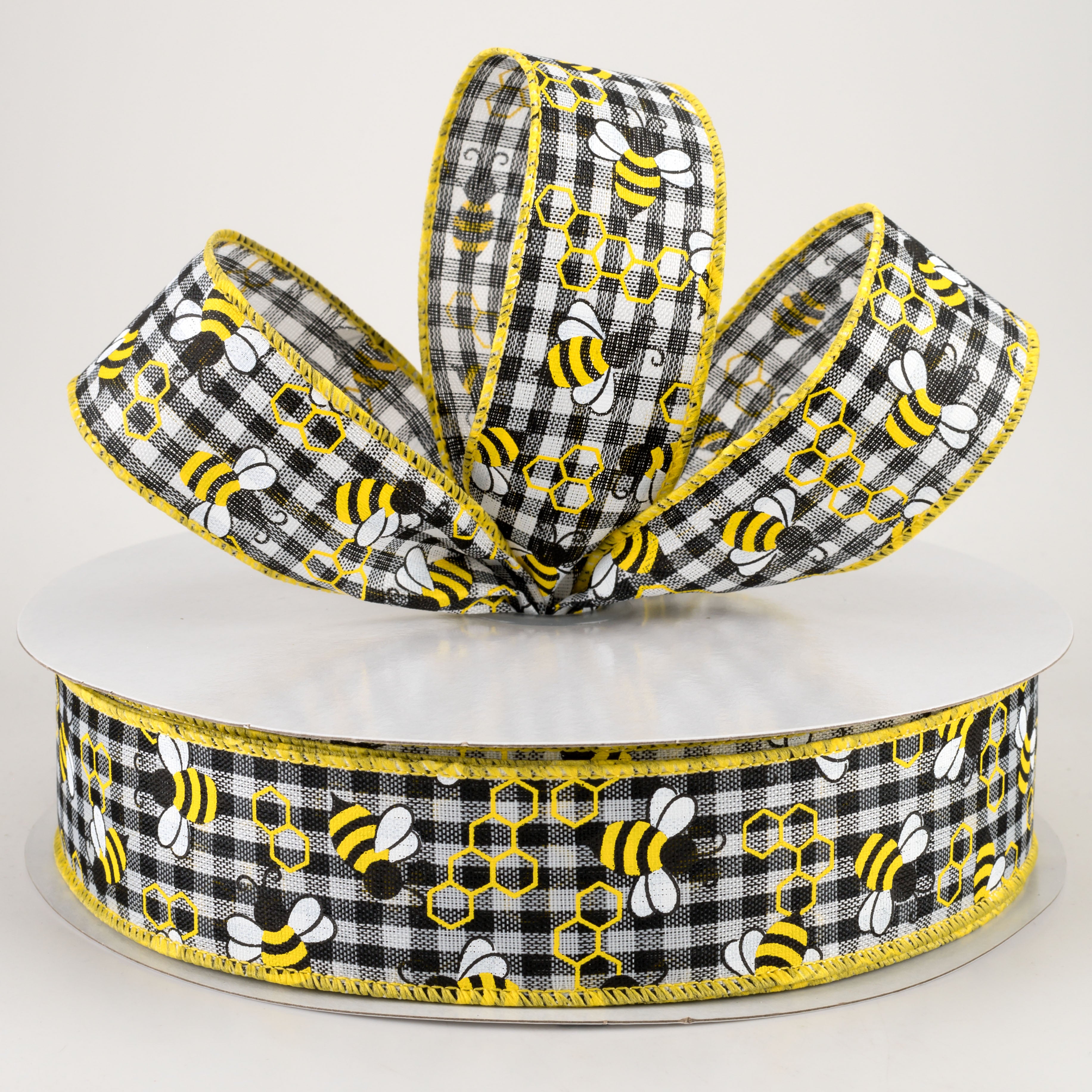 1.5 Inch Mini Bumblebee Gingham Check Ribbon - 50 Yards Bulk Roll for Gift Wrapping, Crafts, DIY Hair Bows, and Party Decorations