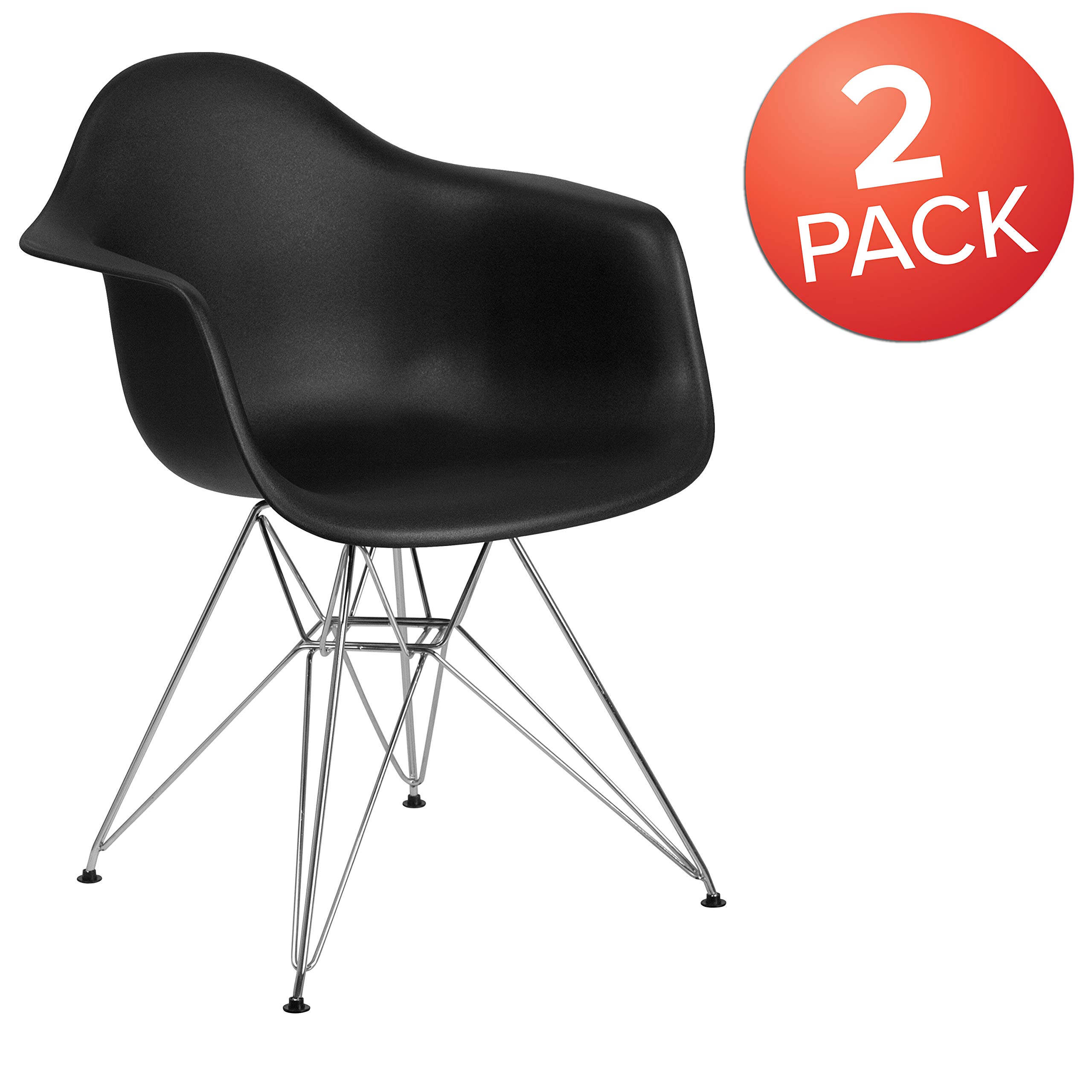 2 Pack Black Plastic Arm Chairs with Chrome Base - Modern Accent & Side Chairs for Dining Room, Kitchen, Office or Outdoor Patio
