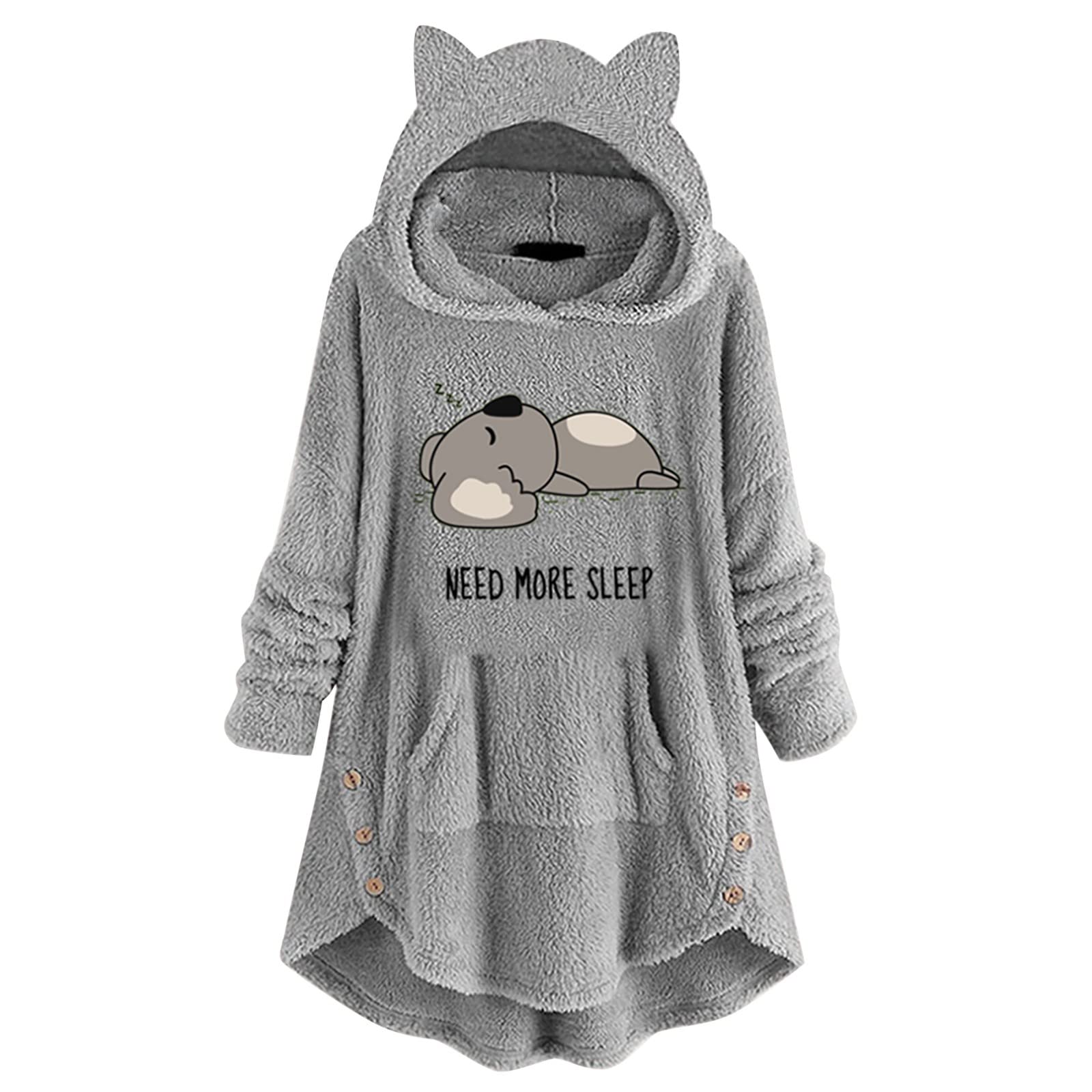 Women's Fleece Hooded Sweater with Cat Ears - Long Sleeve, Button Front & Pockets | Cozy Winter Pullover for Casual Outfits & Lounge Wear