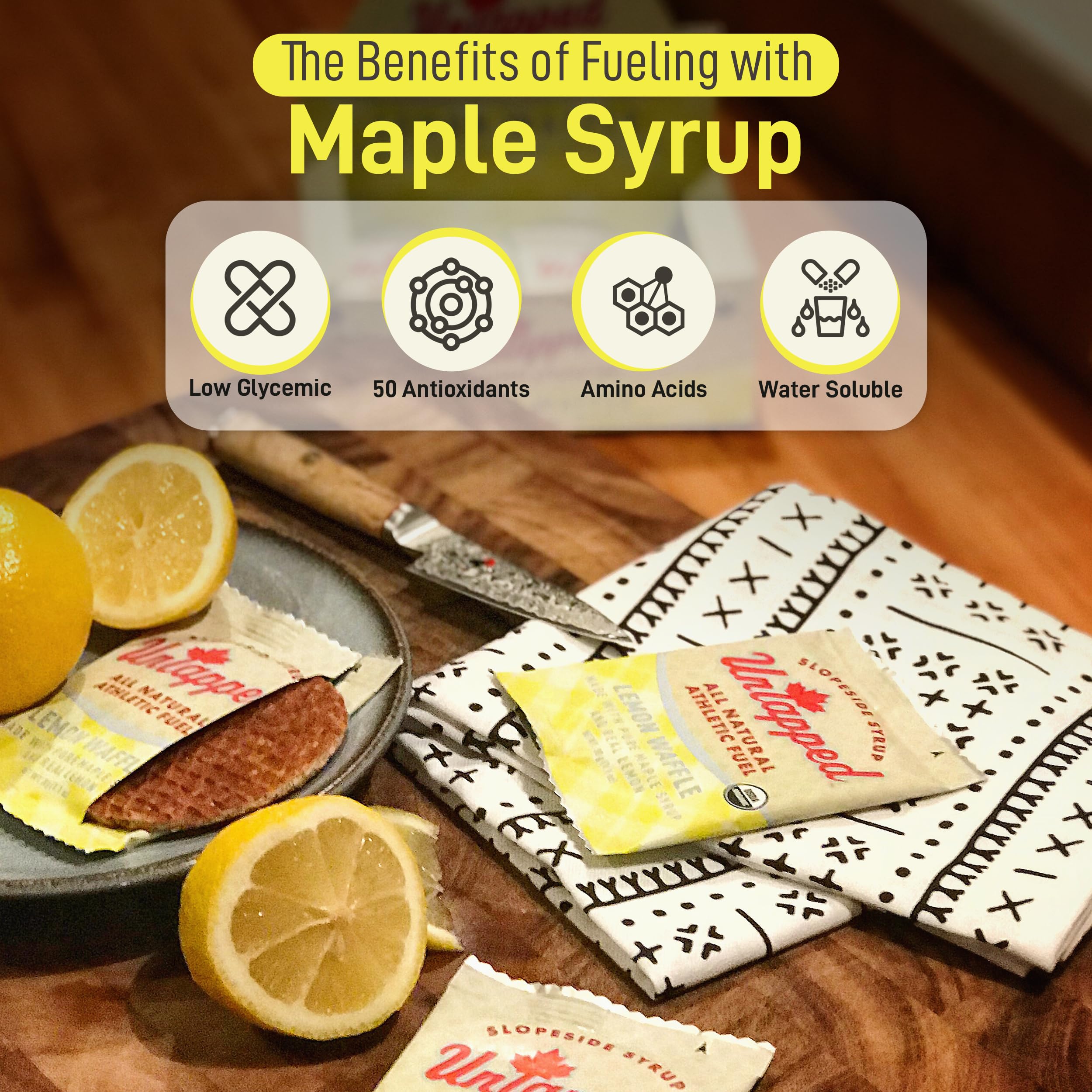 Organic Lemon Waffles by UnTapped - 1.1 oz Each, Pack of 16 | Vegan Maple Syrup Sweetened Sports Snacks with Real Lemons | Perfect for Cycling, Running & Hiking Energy Boost